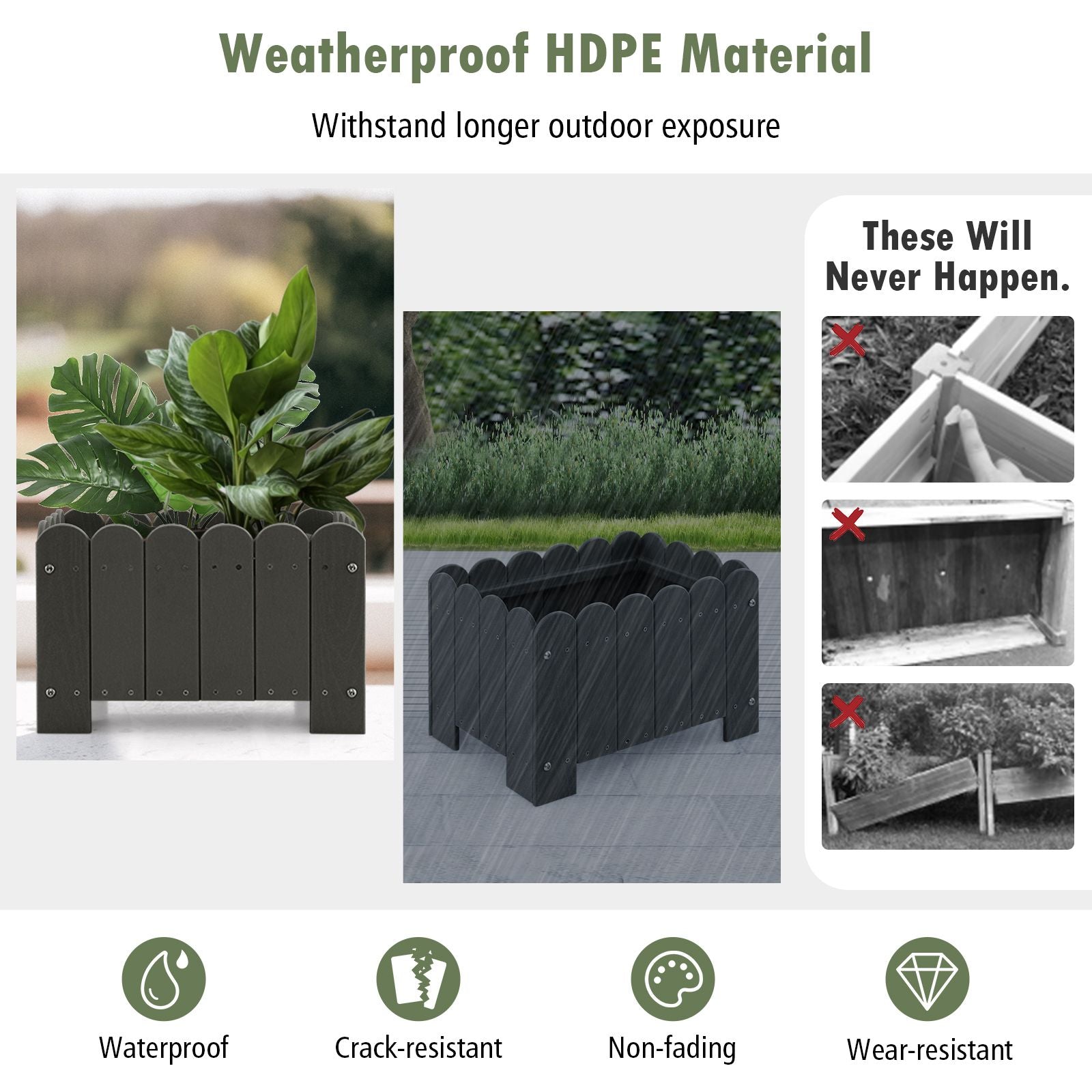 2 Pack Rectangular Planter Box HDPE Flower Pot with Drainage Gaps