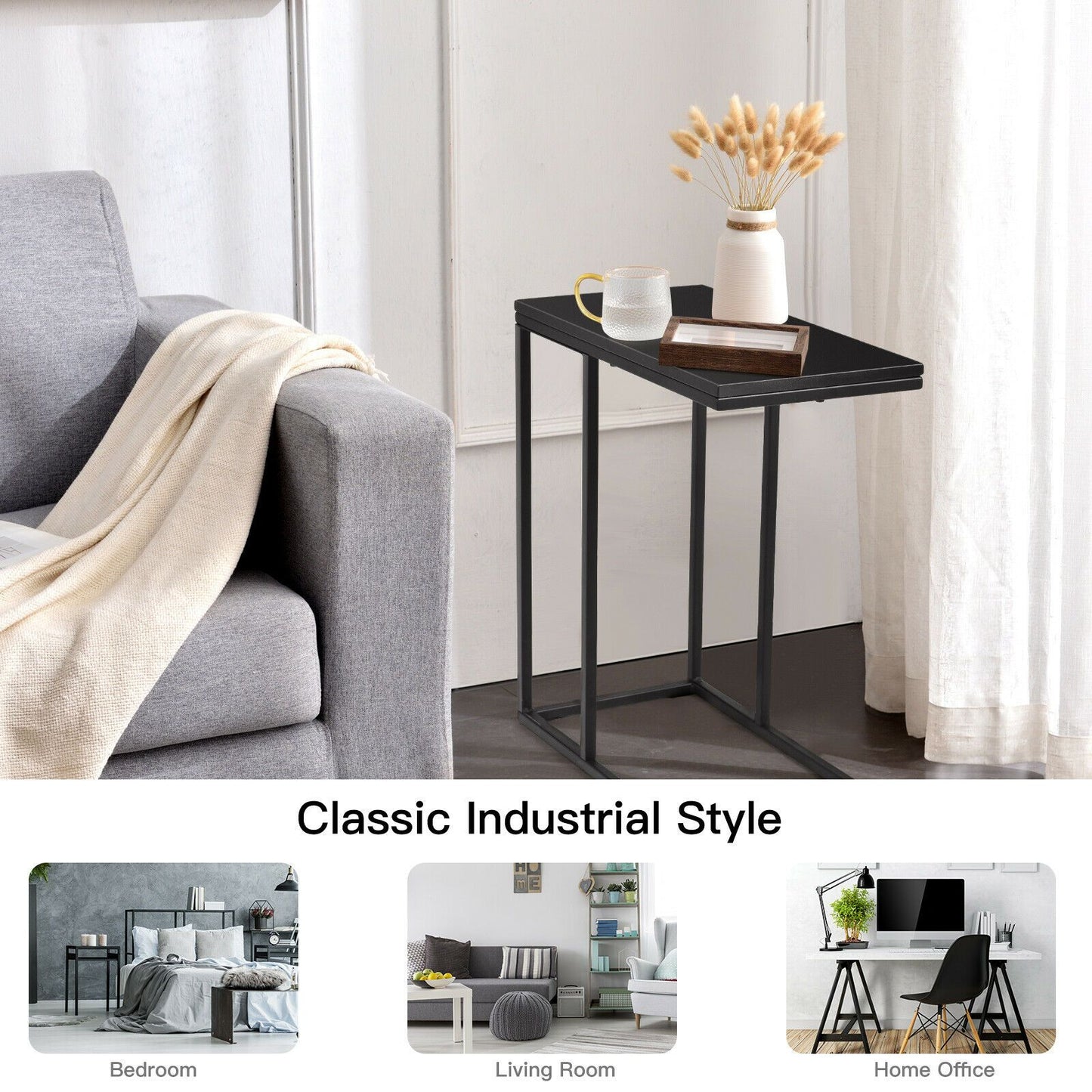 Industrial Sofa Side Table with C-Shaped Style for Living Room