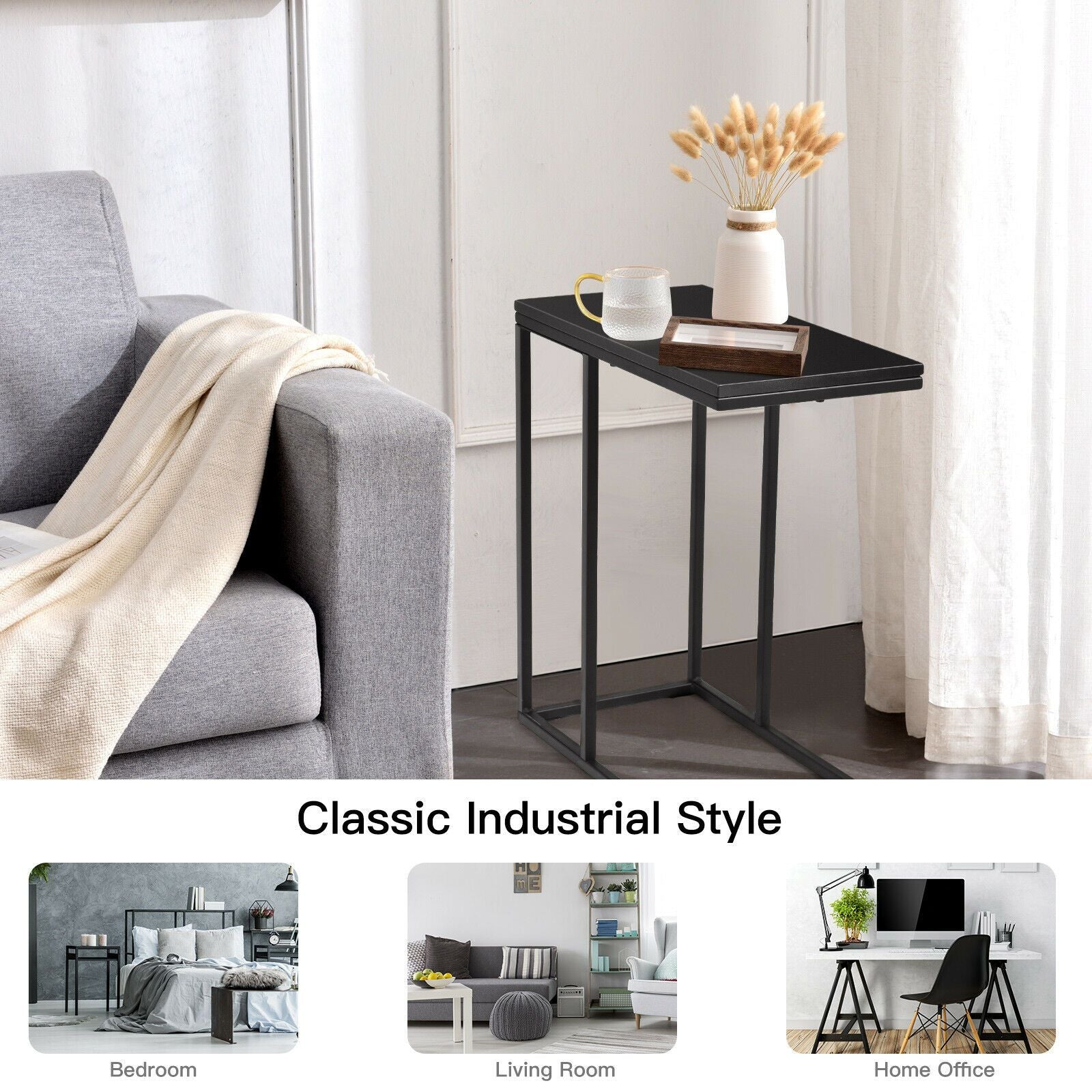 Industrial Sofa Side Table with C-Shaped Style for Living Room