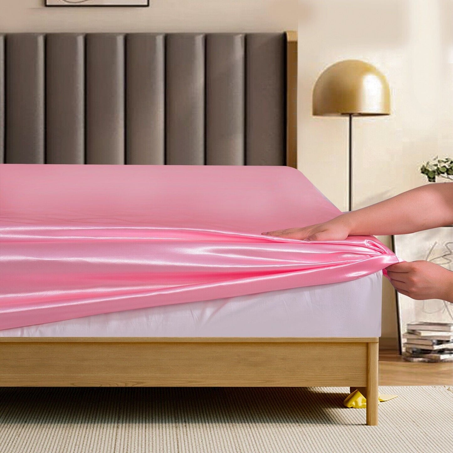 ROOEE 6PCS Satin Silk Complete Bedding Set Fitted Sheet Duvet Cover Pillow Cases