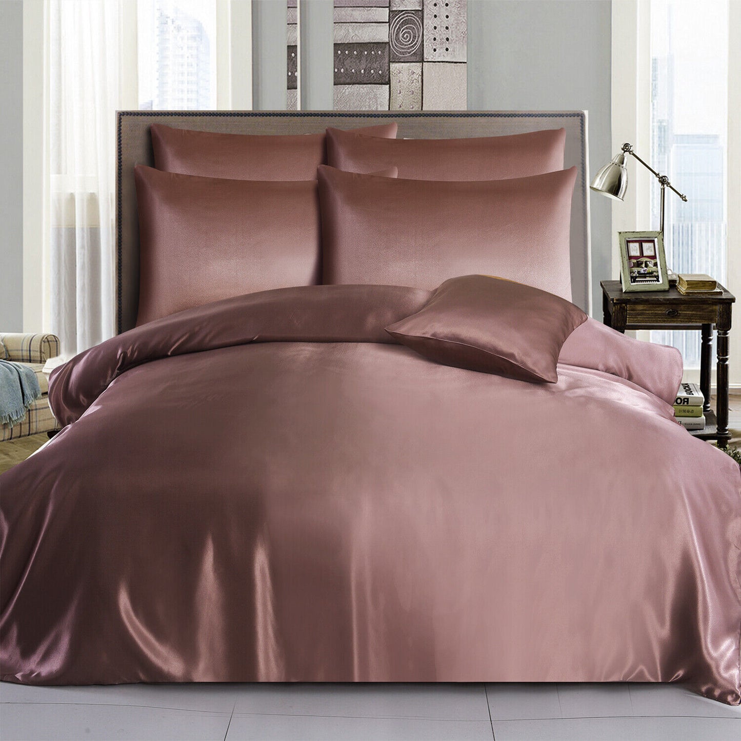 ROOEE 6PCS Satin Silk Complete Bedding Set Fitted Sheet Duvet Cover Pillow Cases