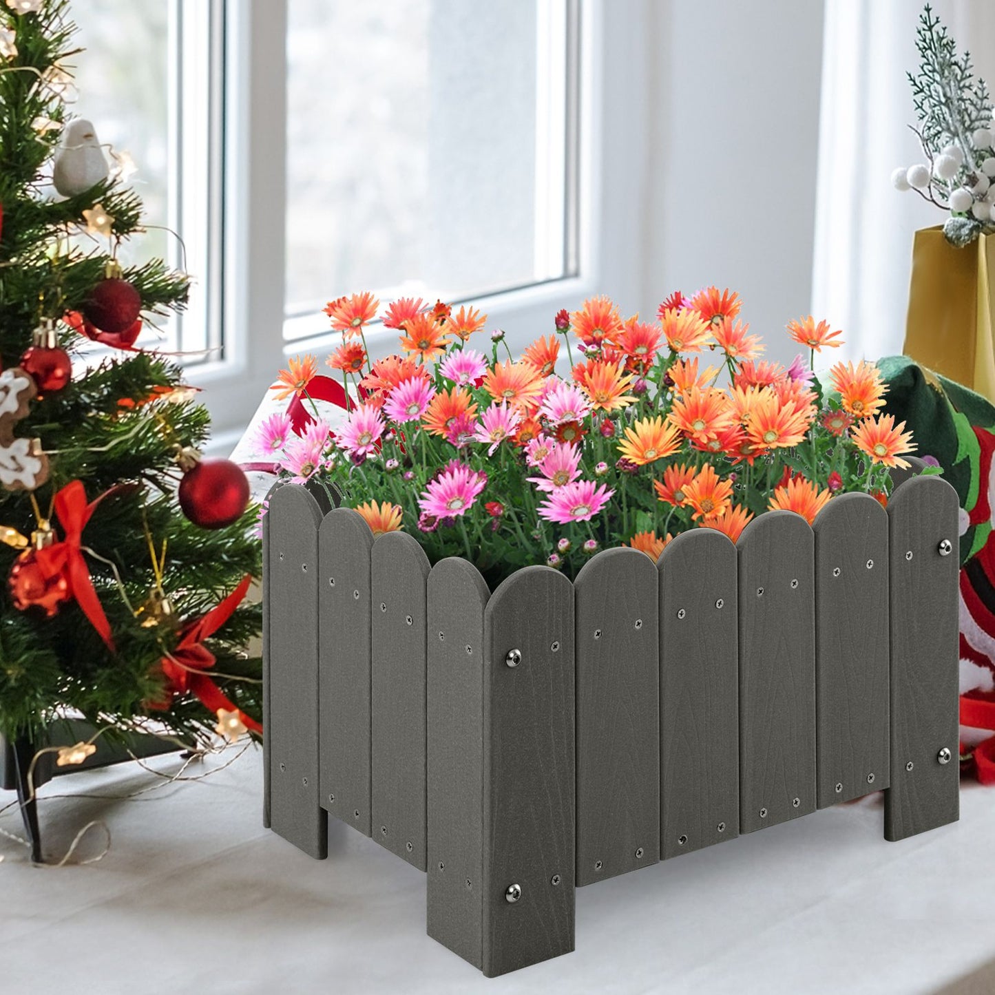 2 Pack Rectangular Planter Box HDPE Flower Pot with Drainage Gaps