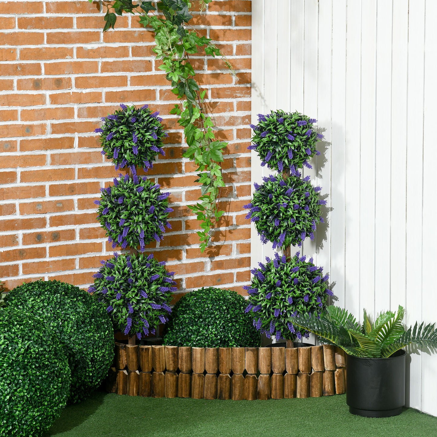 HOMCOM Set of 2 Potted Artificial Plants Ball Tree with Lavender Flowers, 110Cm