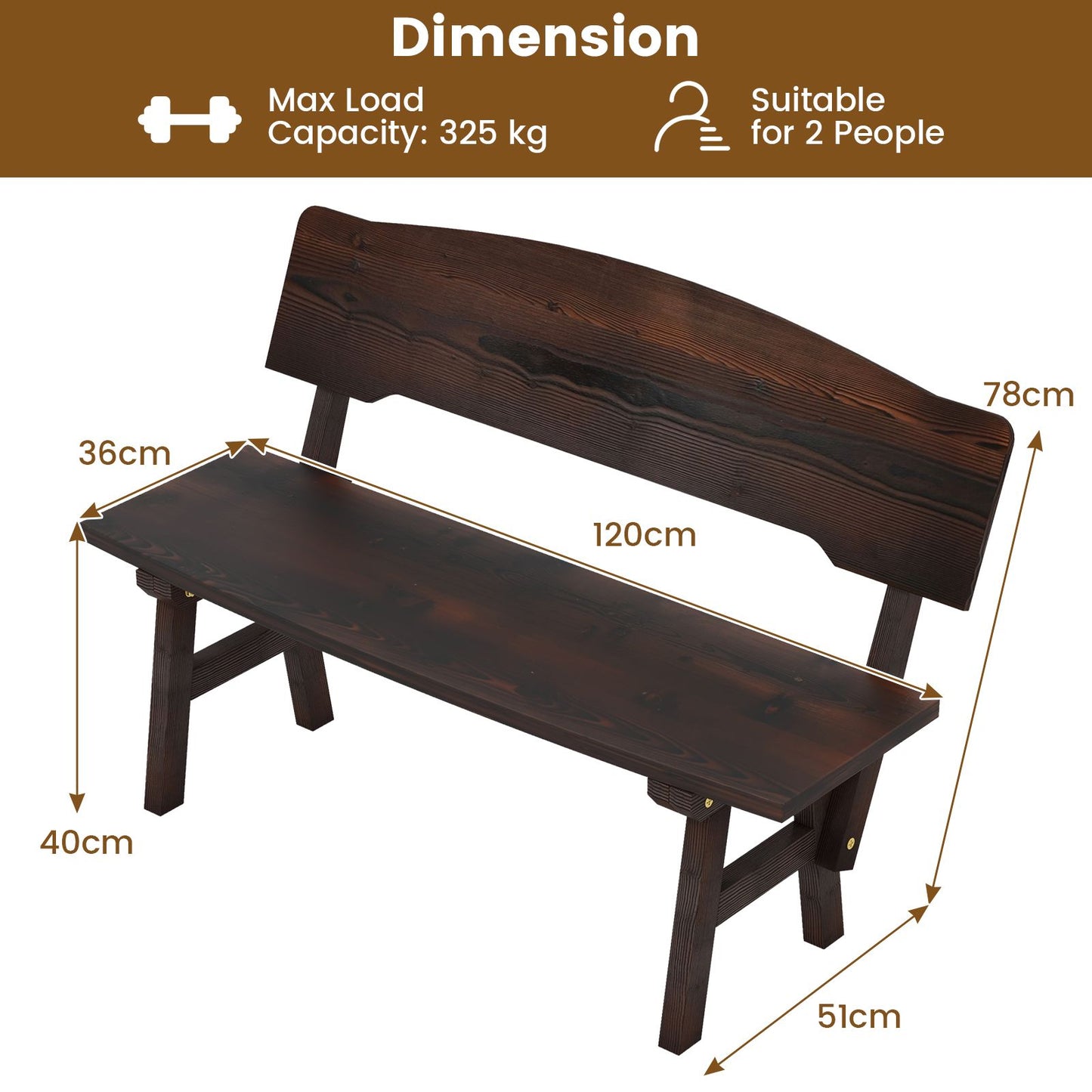 Outdoor Patio Bench with Inclined Backrest for Outside