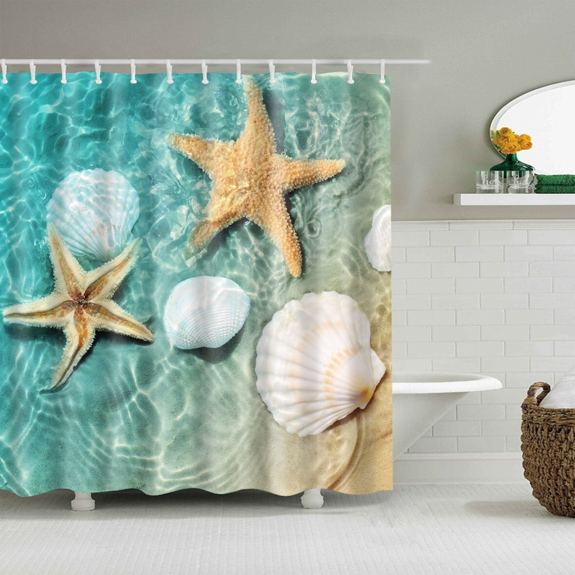 Beach Starfish Ocean Print Shower Curtain Toilet Bathroom Waterproof 12 Hooks