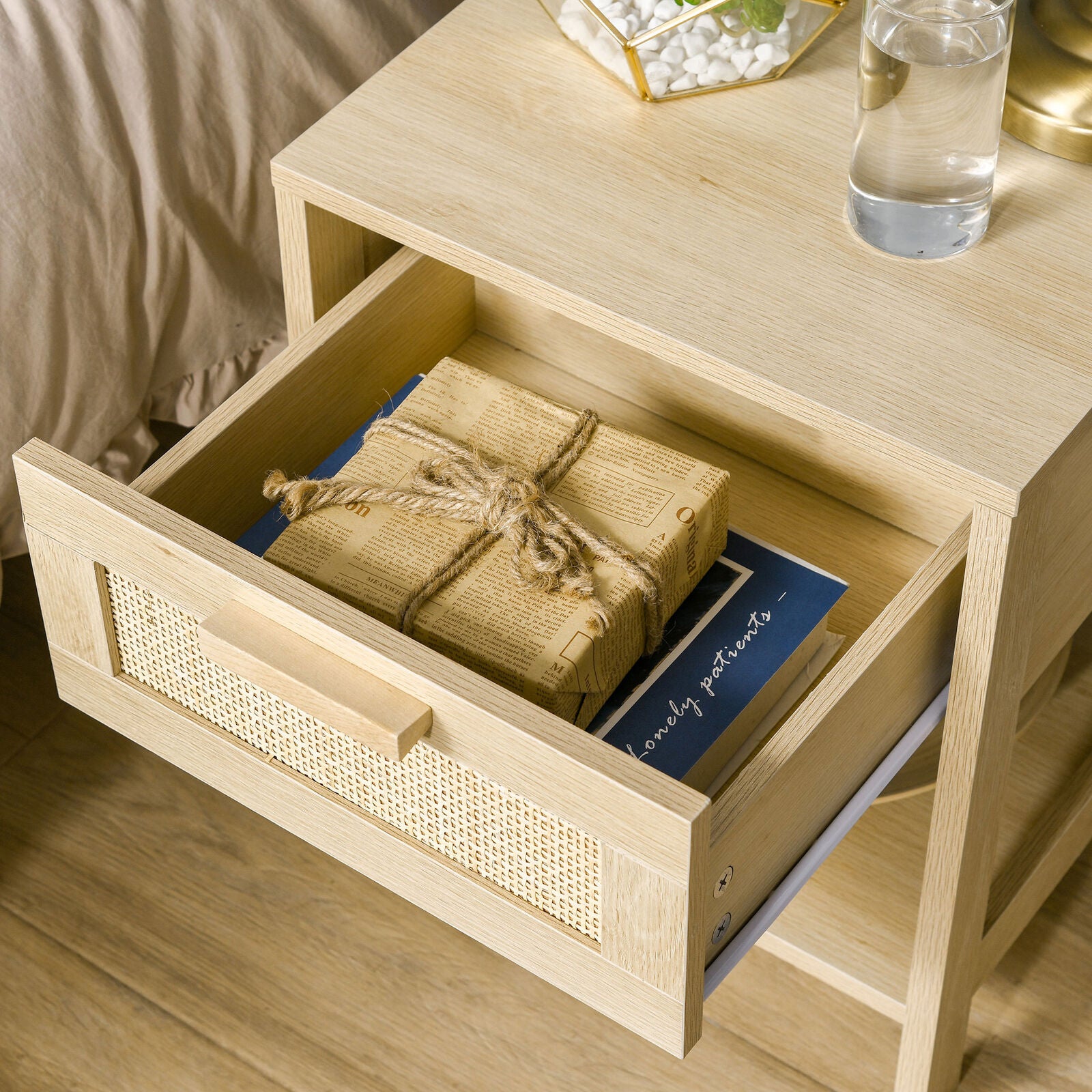 Bedside Table Nightstand W/ Rattan Drawer Storage Shelf Bedroom Living Room