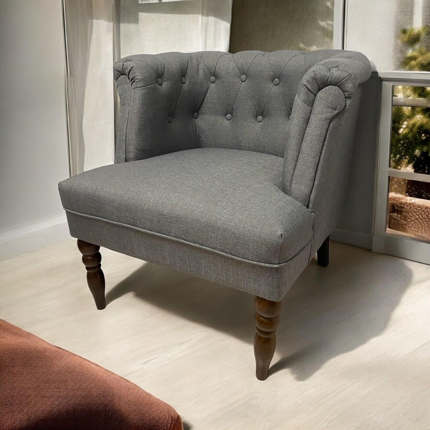 Durable Grey Linen Tub Barrel/Dining Armchair - Stylish Padded Chair for Bedroom