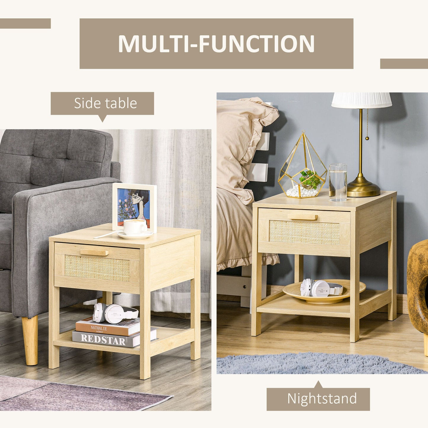 Bedside Table Nightstand W/ Rattan Drawer Storage Shelf Bedroom Living Room
