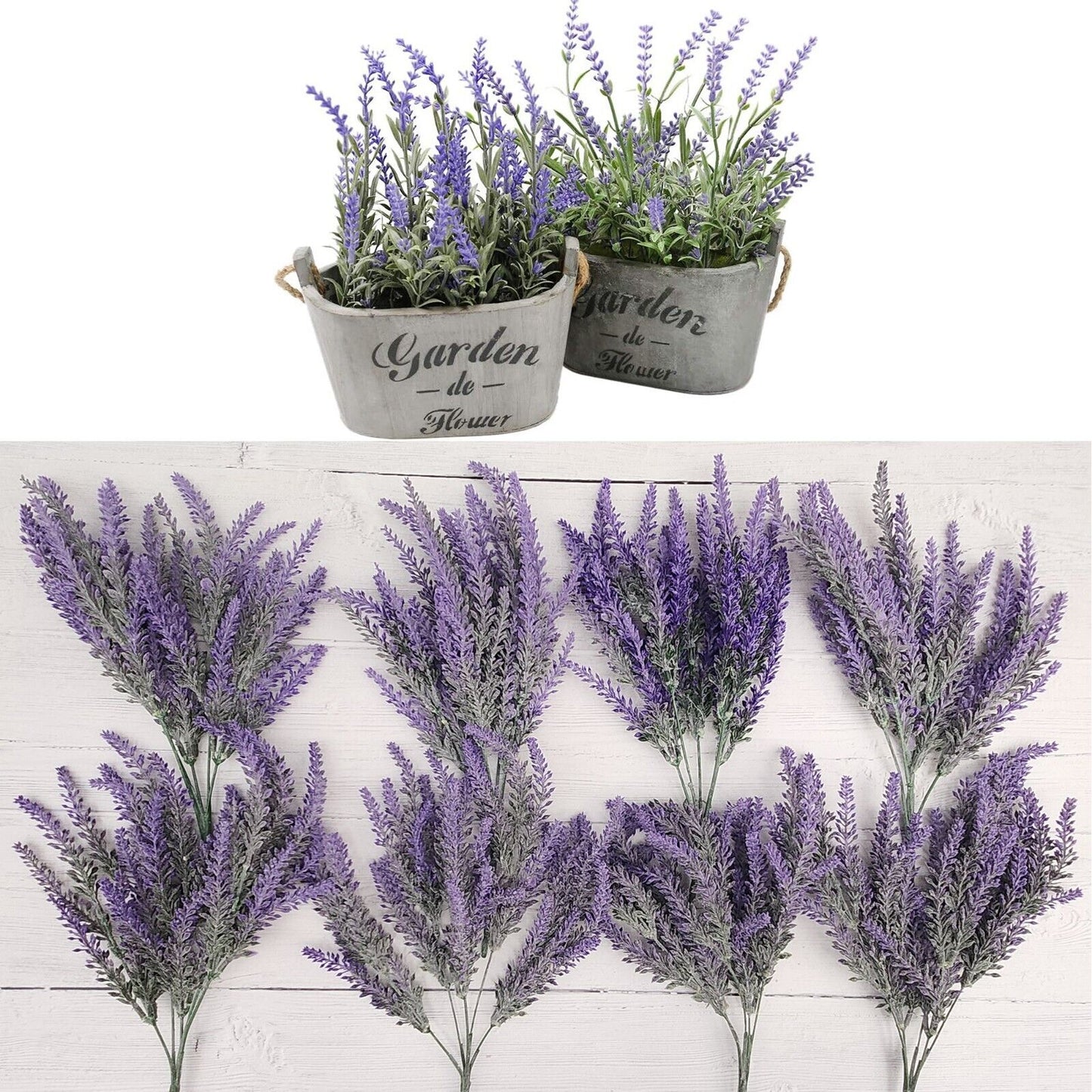 Artificial Lavender Flowers in Bundles Fake Silk Faux Lavender Plant Wooden Pots