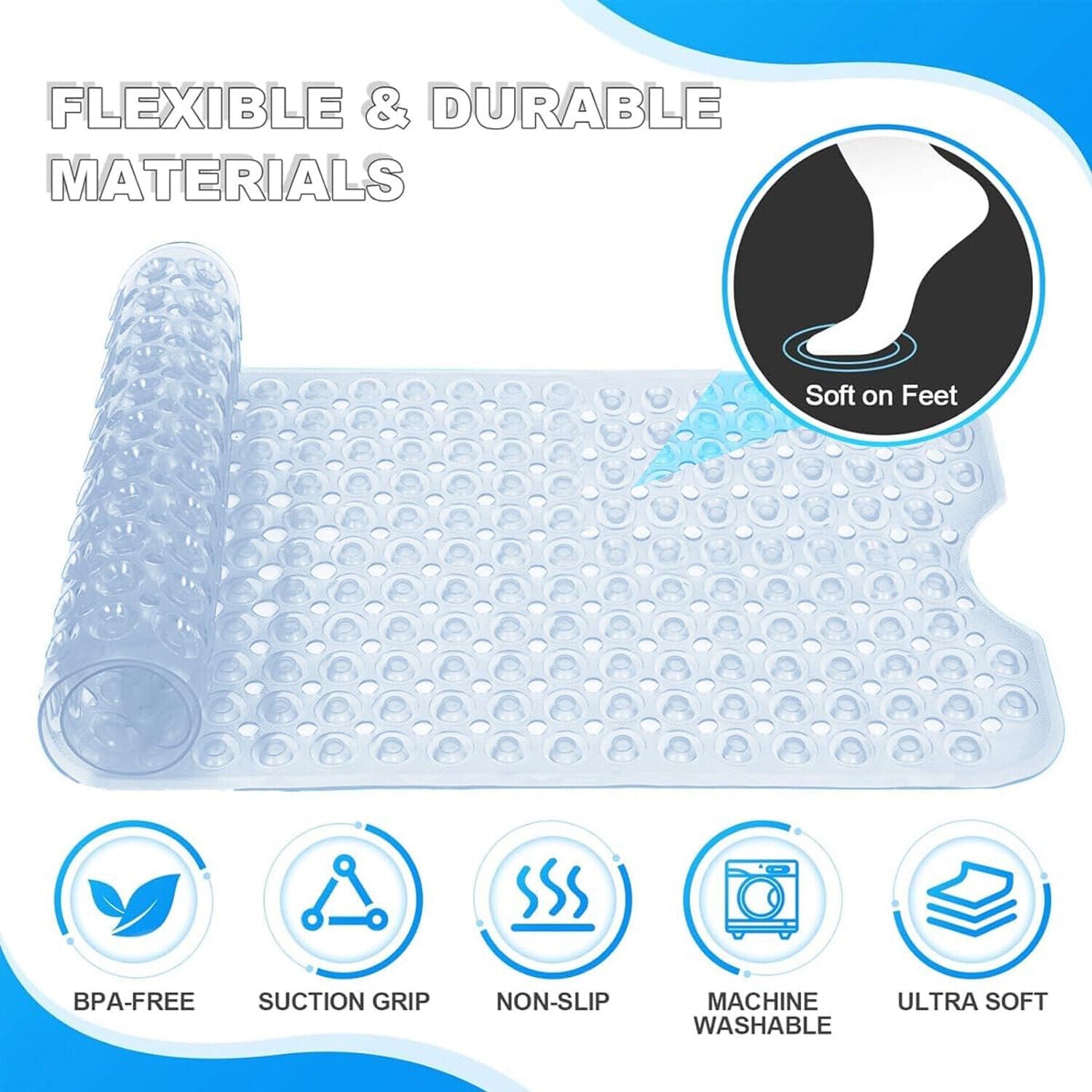 Extra Large Non Slip Bath Mat Bathtub Strong Suction Anti-Mold Rubber Shower Mat