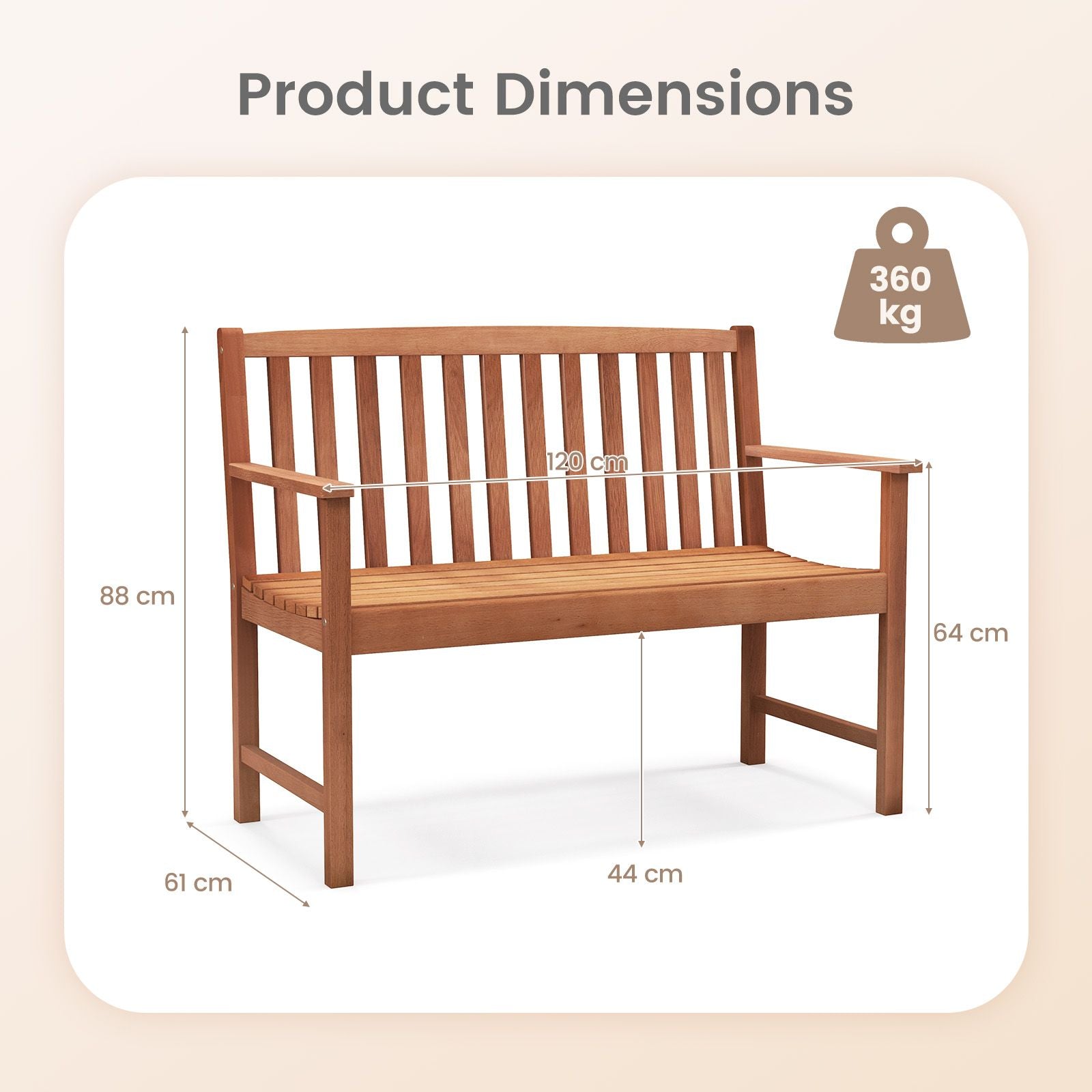 Patio Wood Bench with Cozy Armrests and Backrest