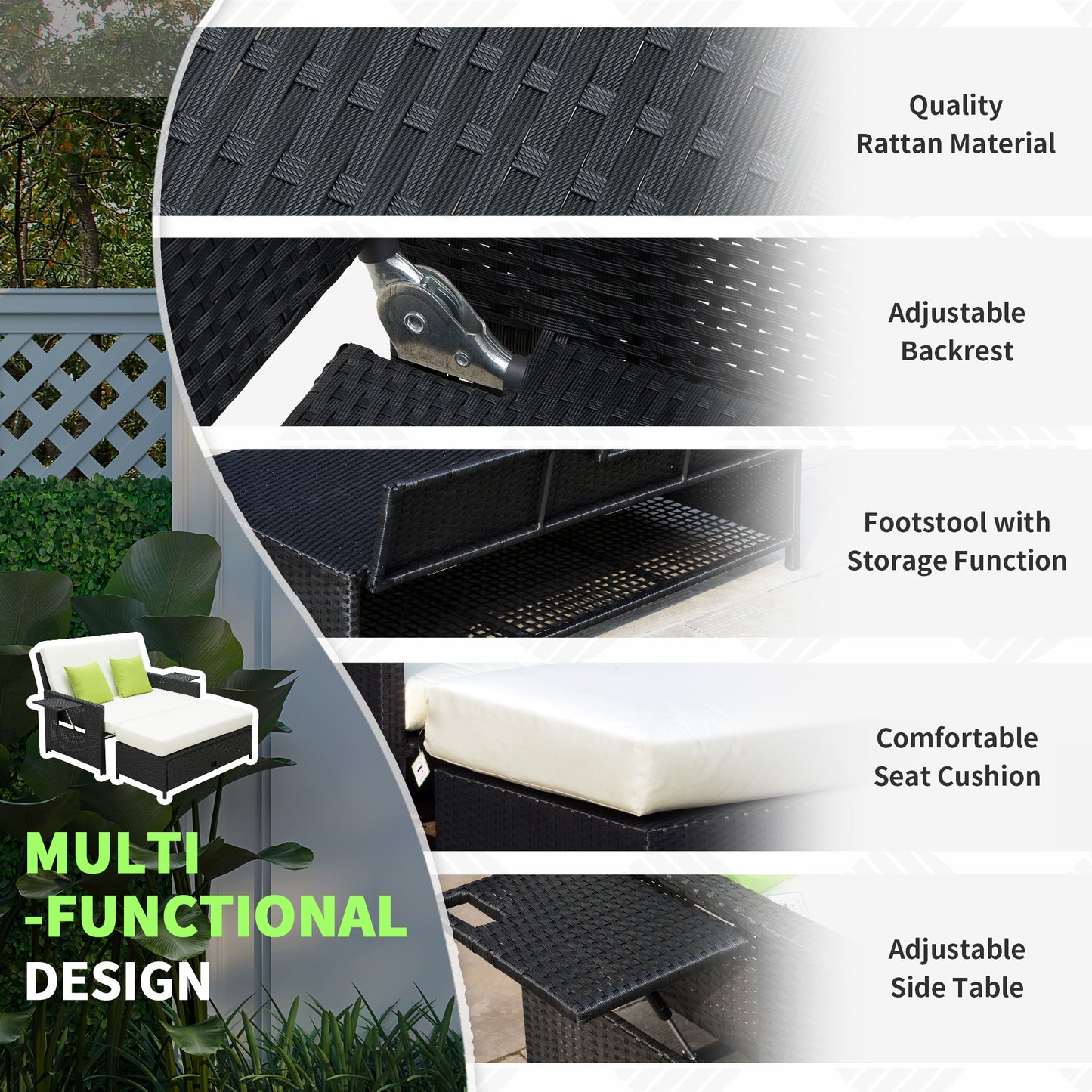 Garden Rattan Furniture Set 2 Seater Patio Sun Lounger Daybed Sunbed