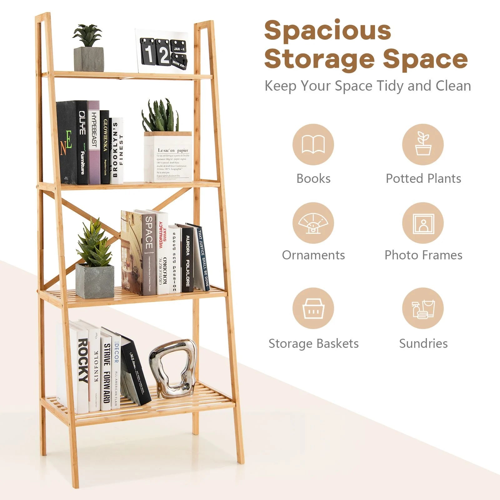 4-Tier Freestanding Bookcase with Anti-Toppling Device for Living Room