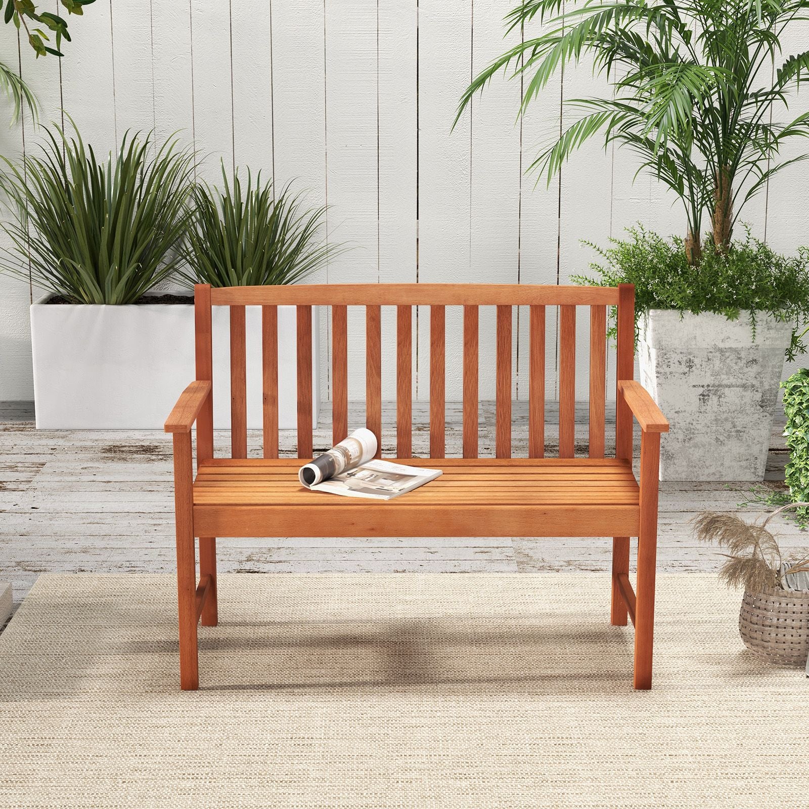 Patio Wood Bench with Cozy Armrests and Backrest