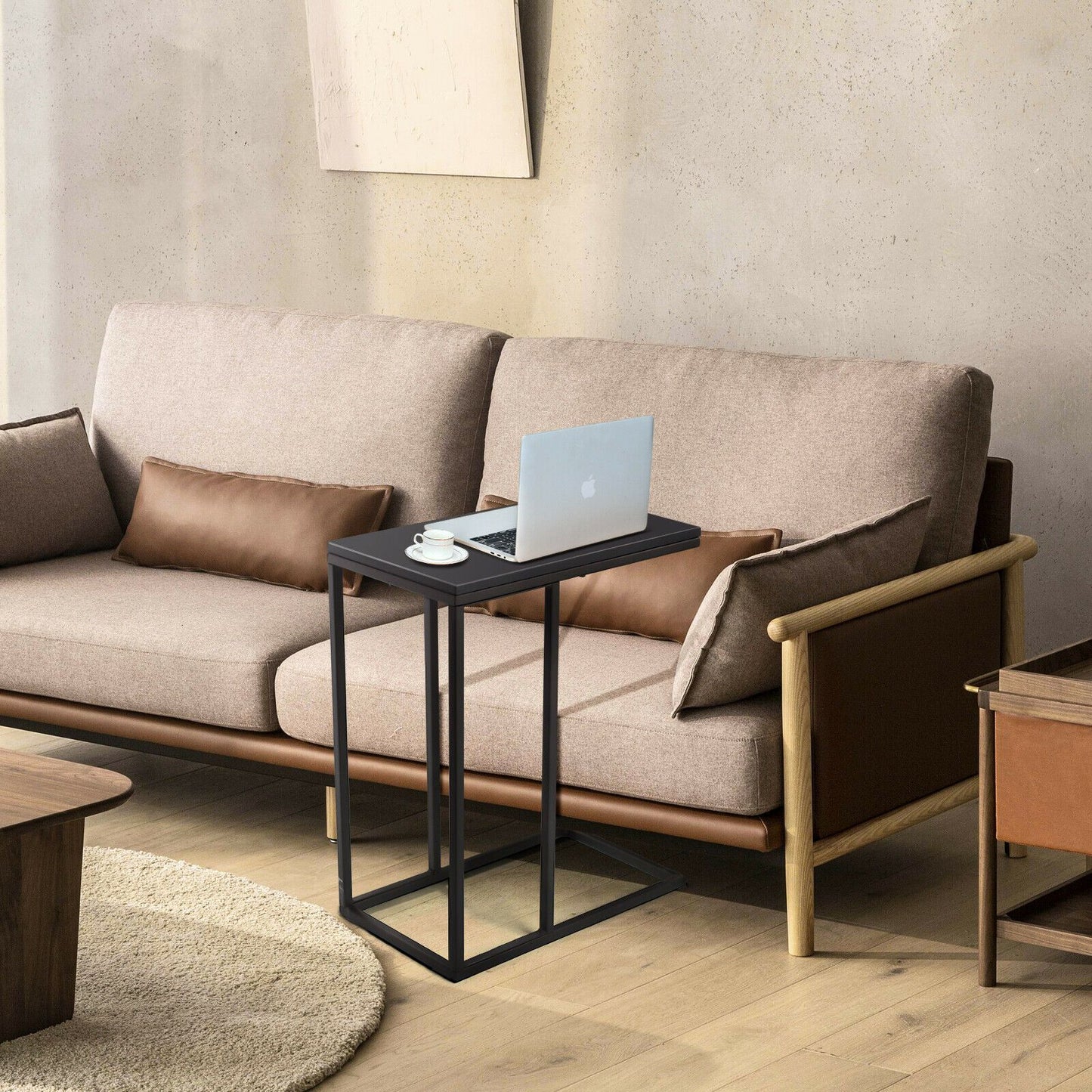 Industrial Sofa Side Table with C-Shaped Style for Living Room