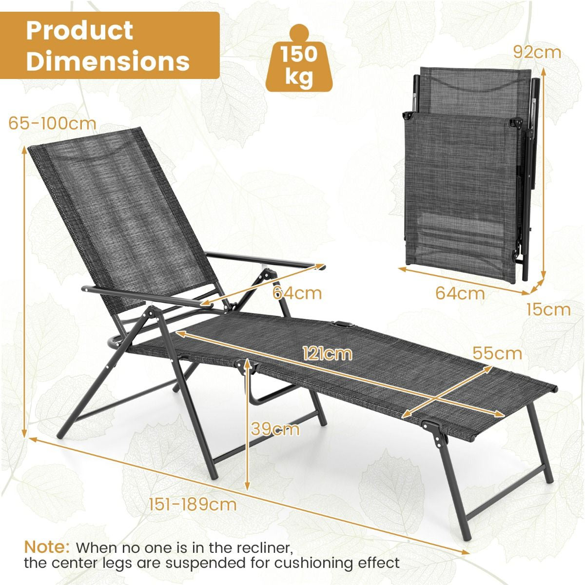 Patio Folding Chaise Lounge Chairs with 6-Level Backrest and Solid Metal Frame