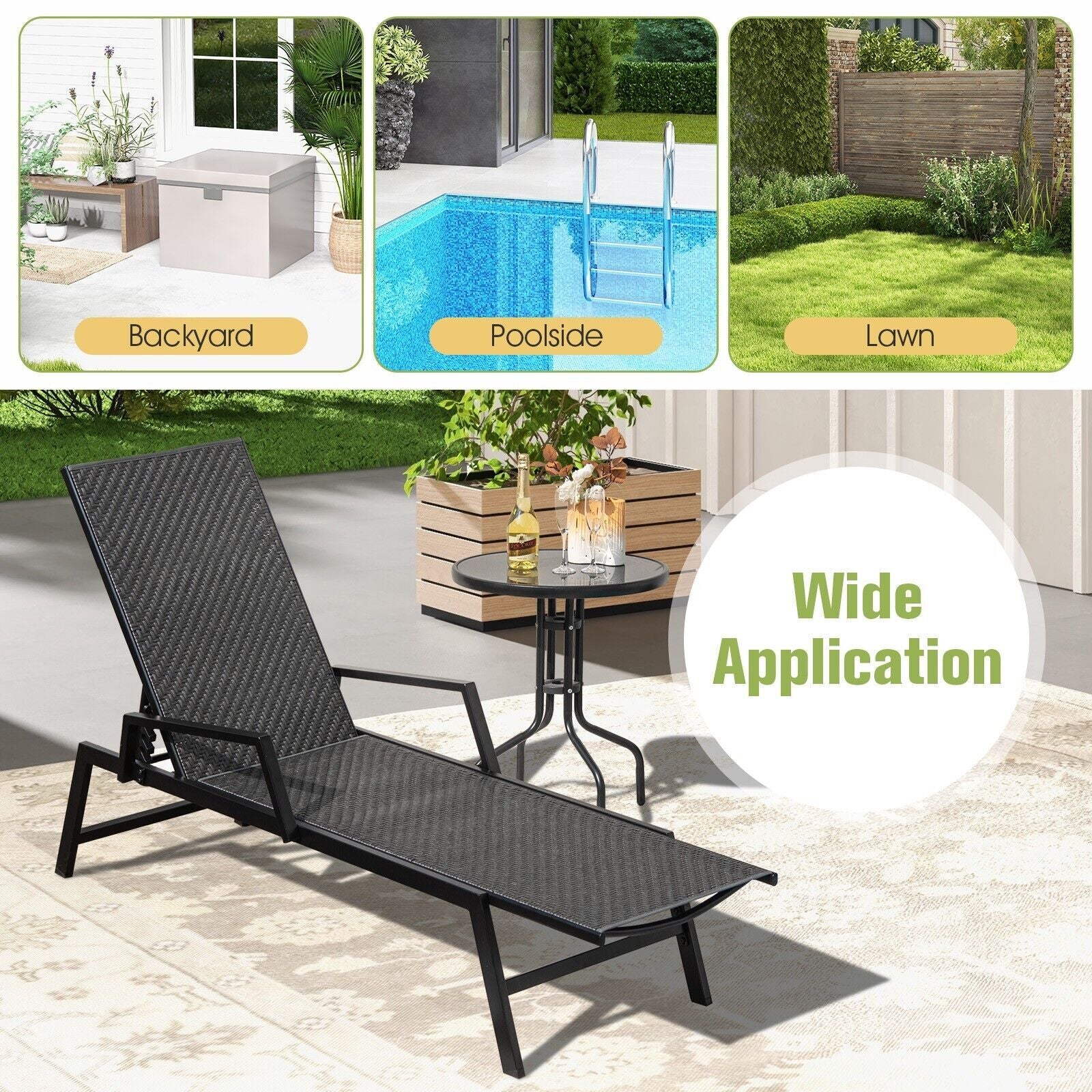 COSTWAY Wicker Outdoor Chaise Lounge Adjustable Rattan Garden Lounge Chair