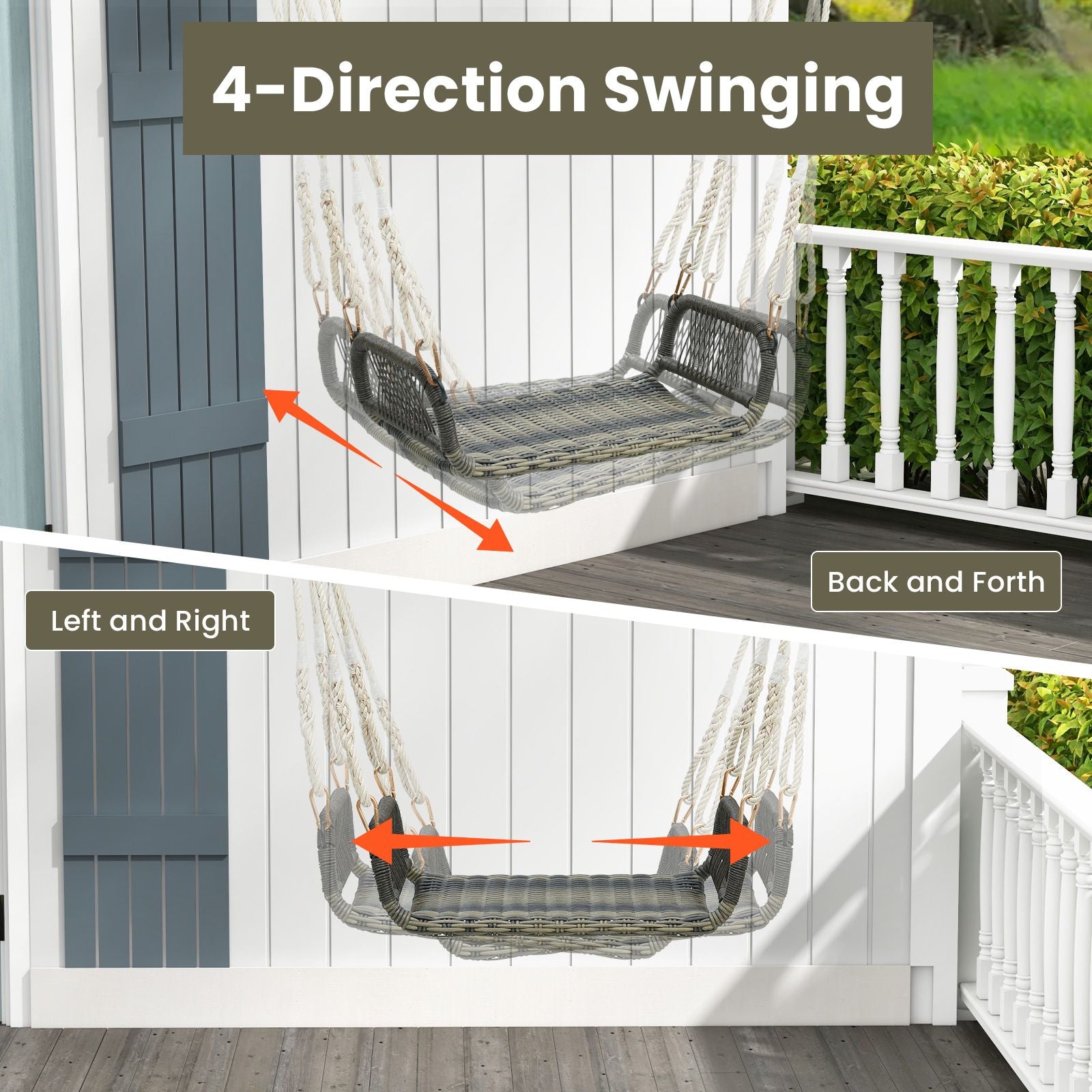 Patio Backless Rattan Swing Bench with Hanging Ropes