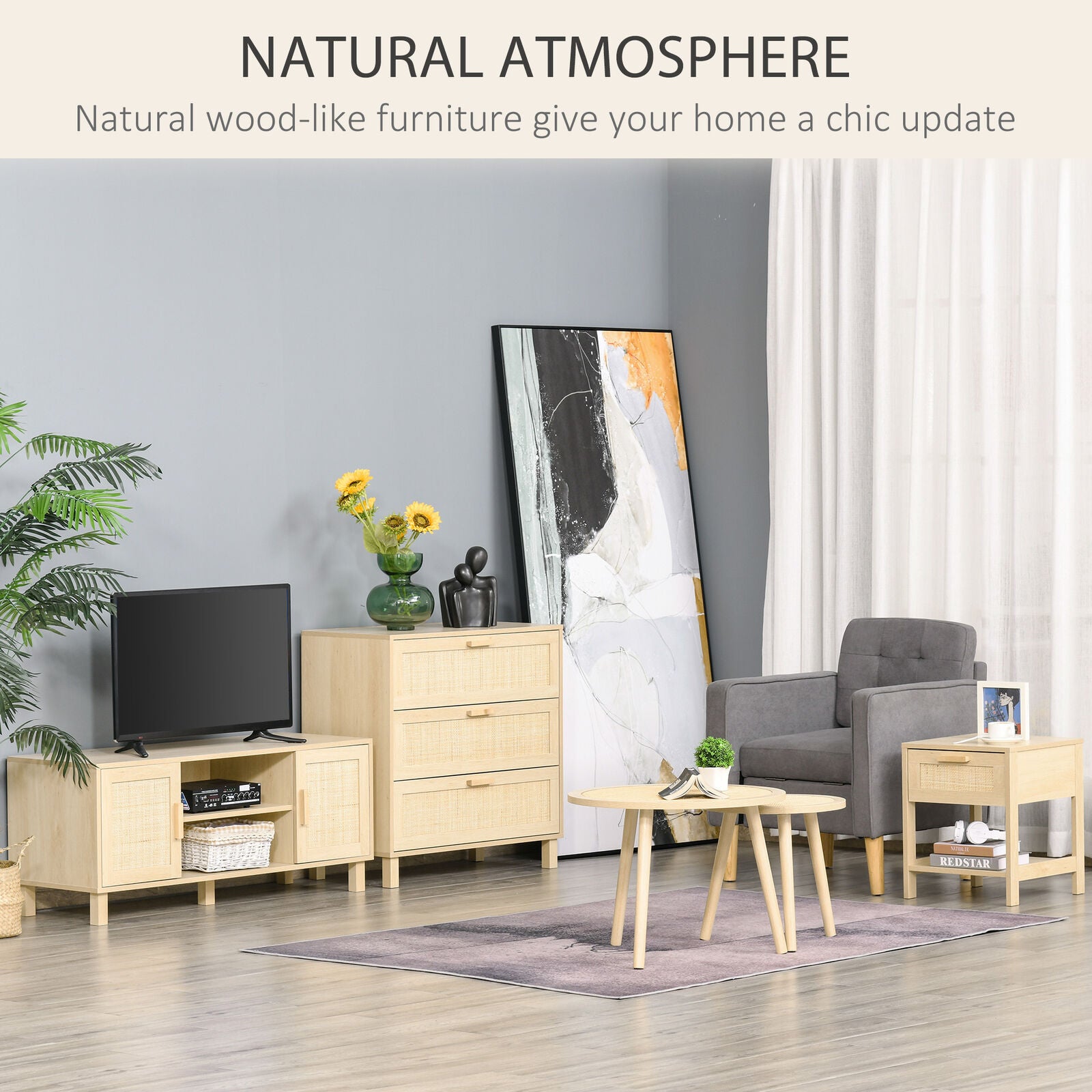 Bedside Table Nightstand W/ Rattan Drawer Storage Shelf Bedroom Living Room