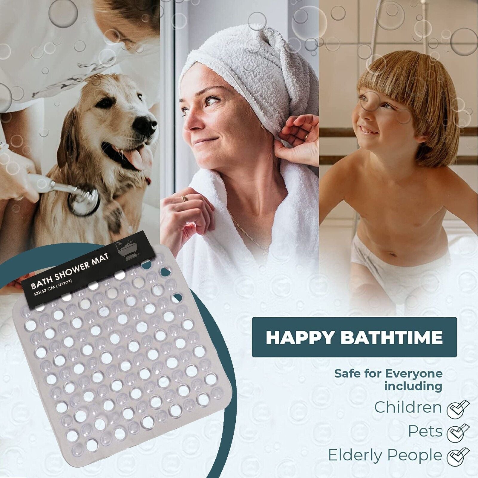 BATH SHOWER MAT NON SLIP PVC BATHROOM RUBBER MATS anti SLIP SUCTION 43 X 43 Cm