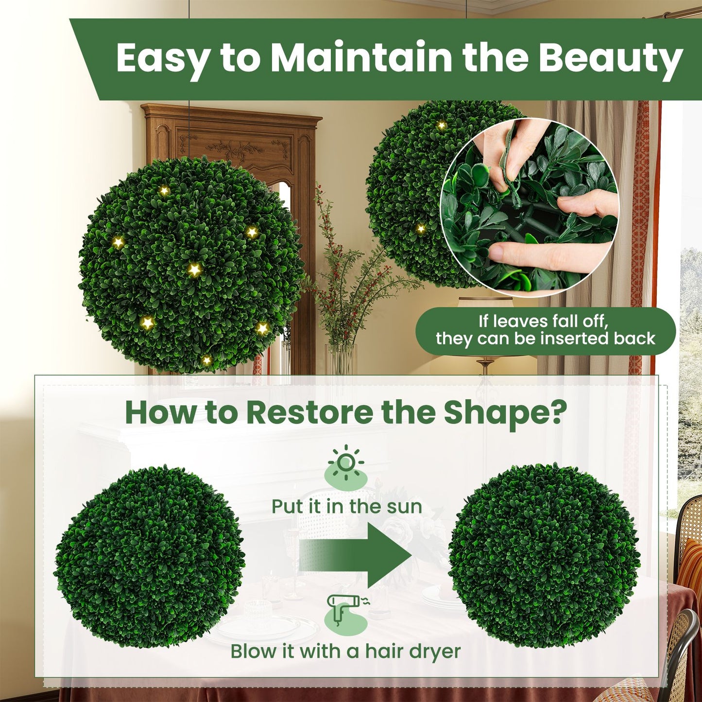 2 Pieces 52 CM Artificial Topiary Balls with 20 Zip Ties