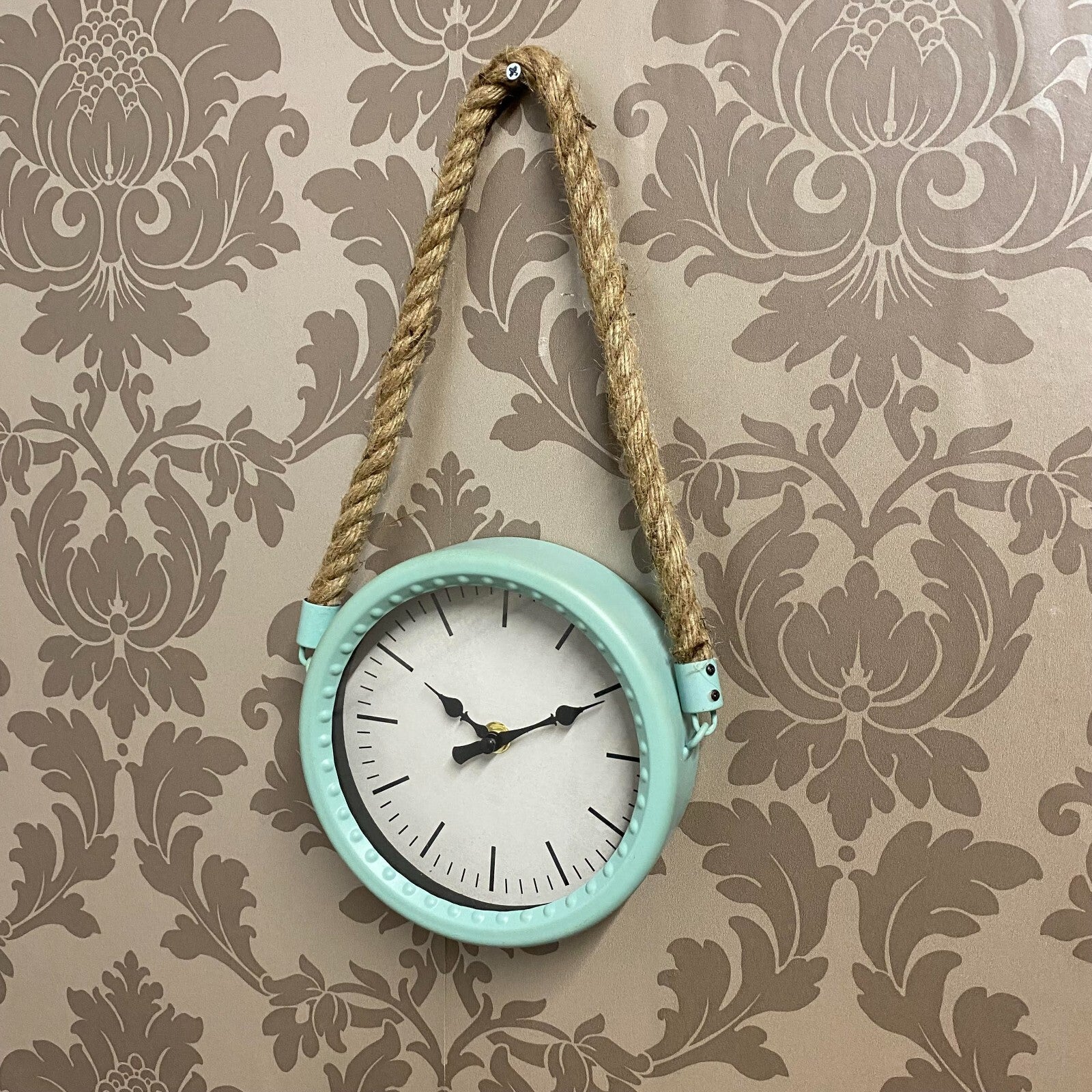 34Cm Rustic Hanging Wall Clock – Pale Green Finish with Rope for Factory Décor