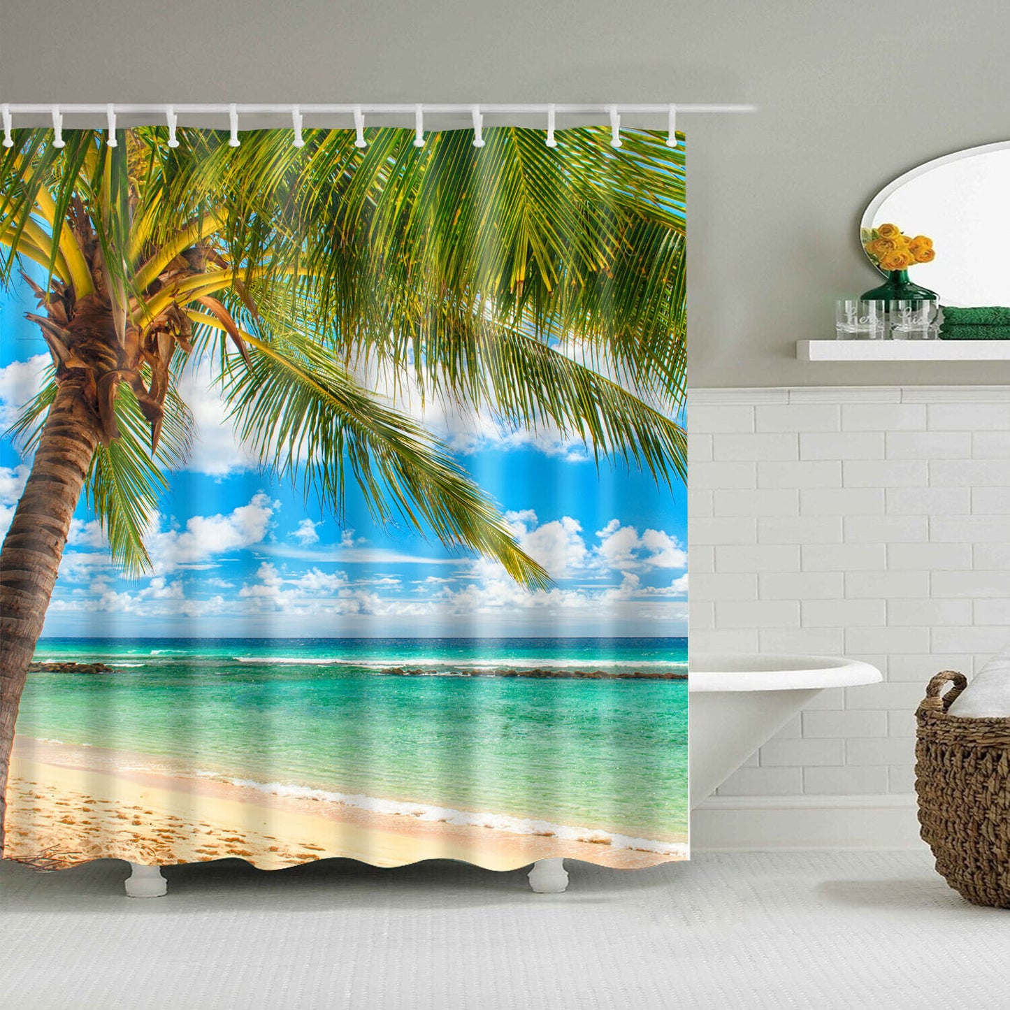 Beach Starfish Ocean Print Shower Curtain Toilet Bathroom Waterproof 12 Hooks