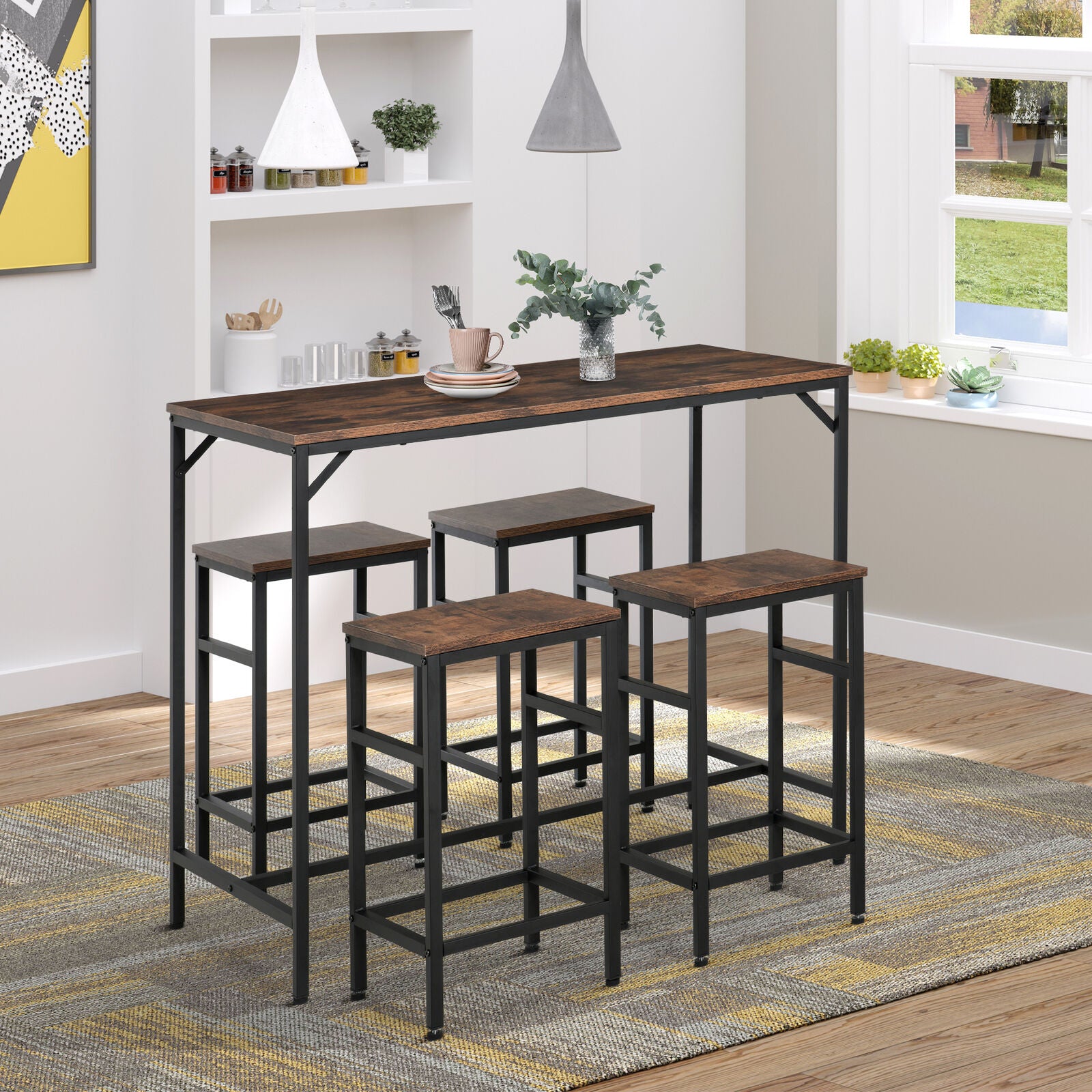 HOMCOM Industrial Rectangular Dining Table Set with 4 Stools for Dining Room