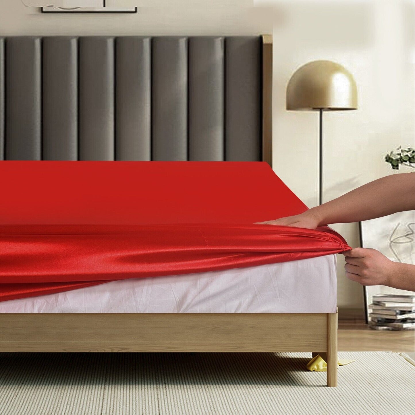 ROOEE 6PCS Satin Silk Complete Bedding Set Fitted Sheet Duvet Cover Pillow Cases