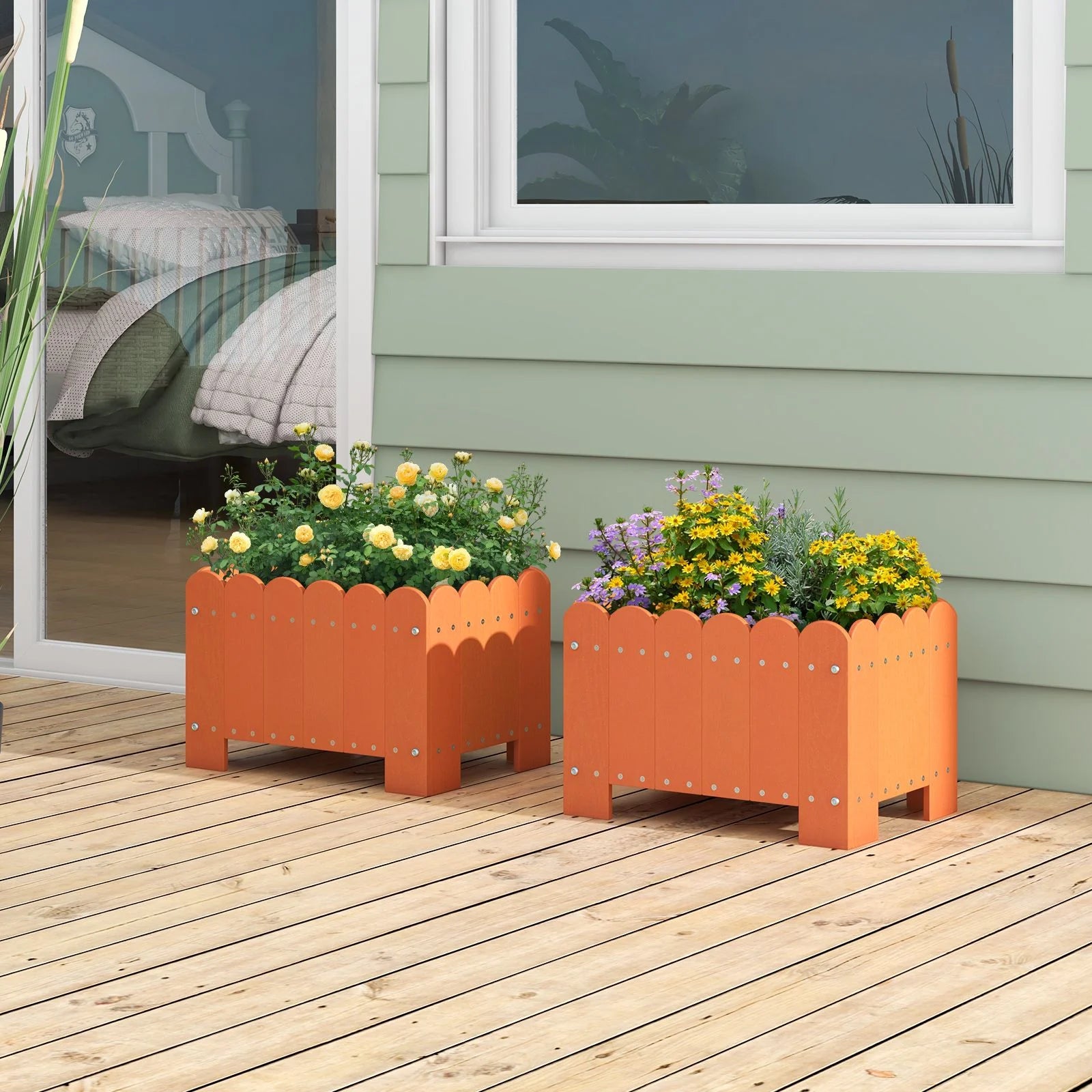 2 Pack Rectangular Planter Box HDPE Flower Pot with Drainage Gaps