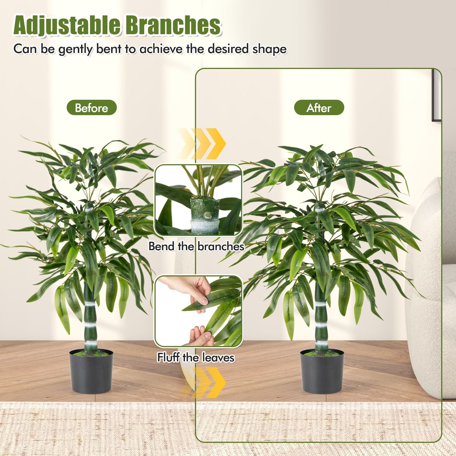 100 CM Artificial Bamboo Tree Set of 2 with Plastic Nursery Pot and Adjustable Branches