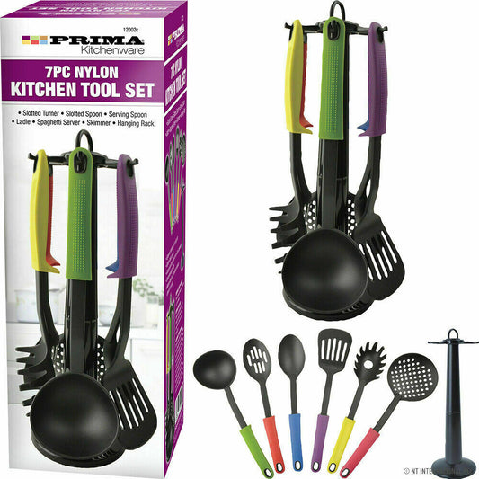 7PC MULTI COLOUR NON STICK KITCHEN UTENSIL SET NYLON & ROTATING STAND NEW