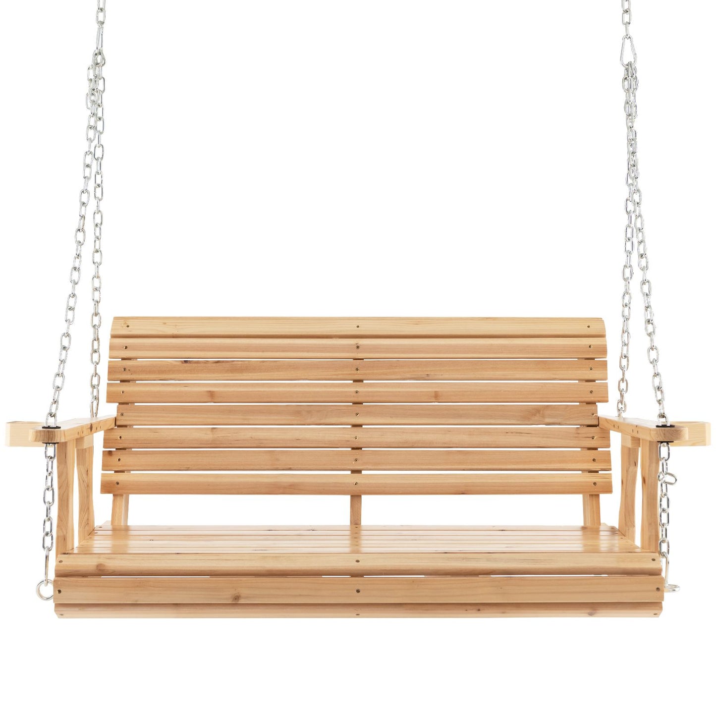 149Cm Wooden Porch Swing with Cup Holders Outdoor Hanging Bench