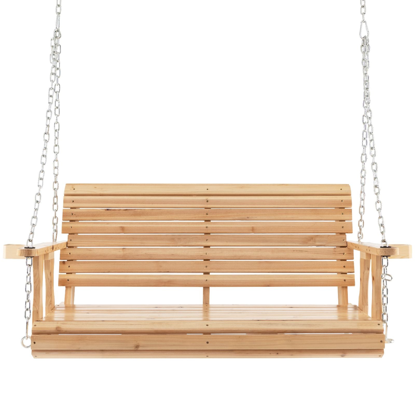 149Cm Wooden Porch Swing with Cup Holders Outdoor Hanging Bench