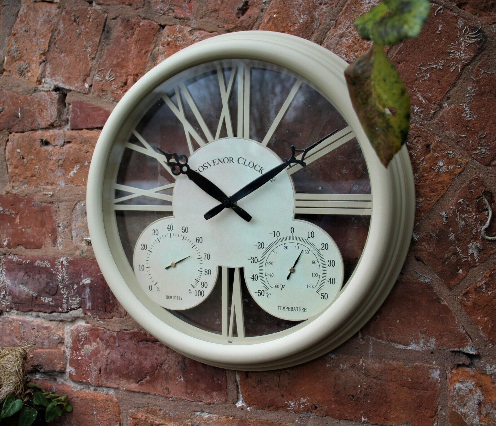 Outdoor Garden Station Wall Clock Thermometer & Humidity 38Cm Cream