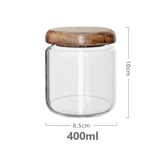 Transparent Food Storage Container Jar Acacia Wood round Tea Jar Dried Fruit Snacks Kitchen Glass Sealed Storage Jar