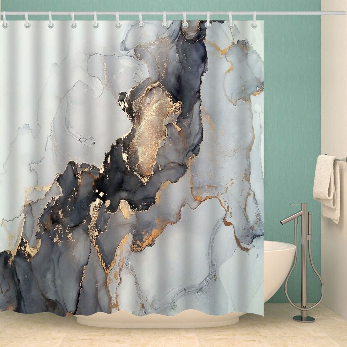 Polyester Shower Curtain 180X180Cm Marble Printed Fabric Waterproof Sheer Panel