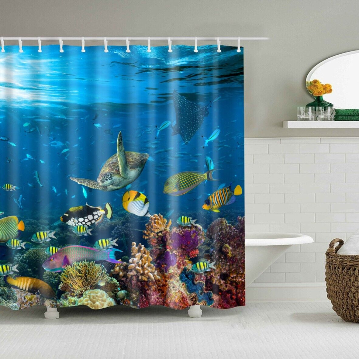 New Waterproof Polyester Fabric Bathroom Shower Curtain Sheer Panel 12 Hooks