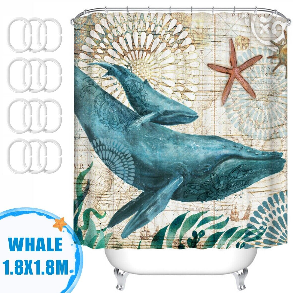Waterproof Polyester Fabric Bathroom Shower Curtain Sheer Panel Decor 12 Hooks