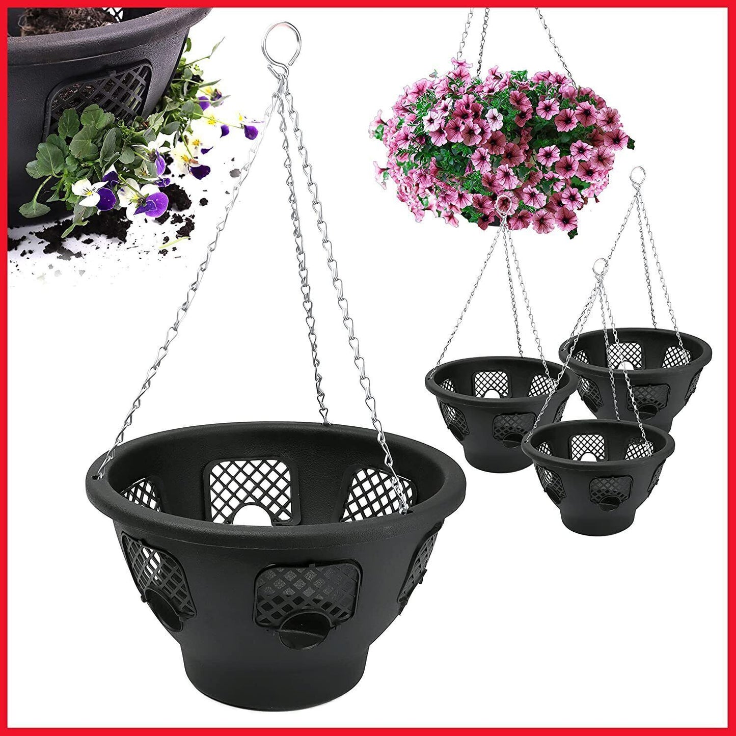 PLASTIC HANGING BASKETS for PLANTS FLOWERS GARDEN OUTDOOR HANGING BLACK 12 INCH