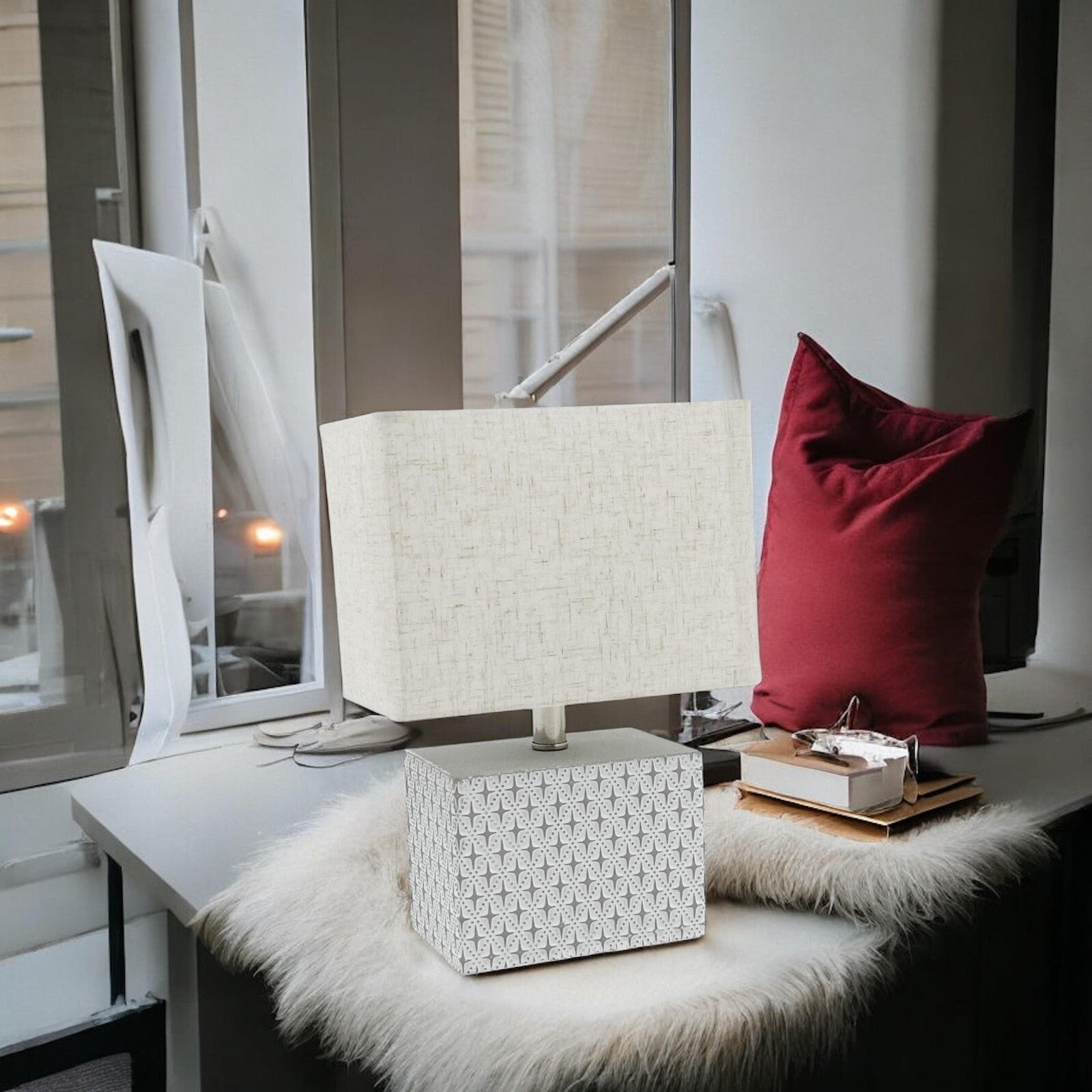 Stylish Cream Cement Table Lamp with Fabric Shade – Compact Lighting for Bedroom