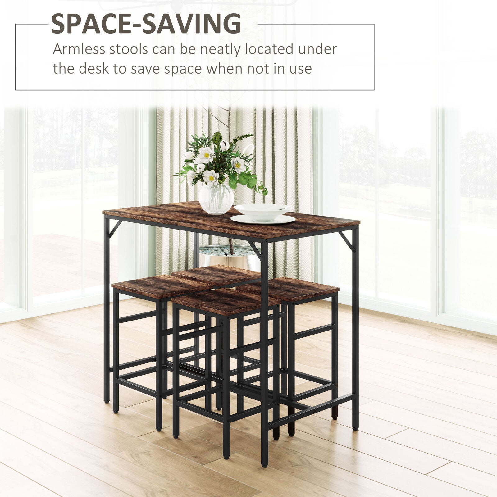 HOMCOM Industrial Rectangular Dining Table Set with 4 Stools for Dining Room