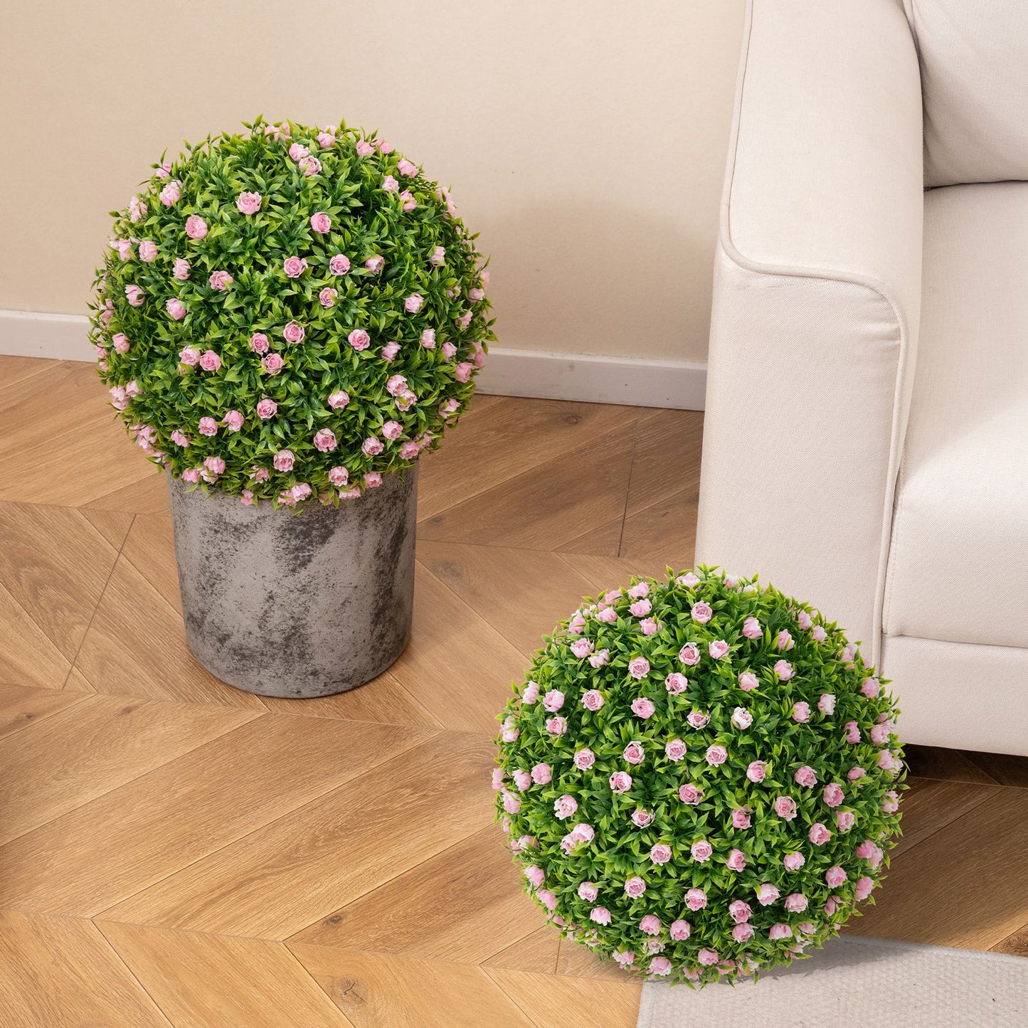2 Pieces Artificial Plant Topiary Balls with Pink Flowers