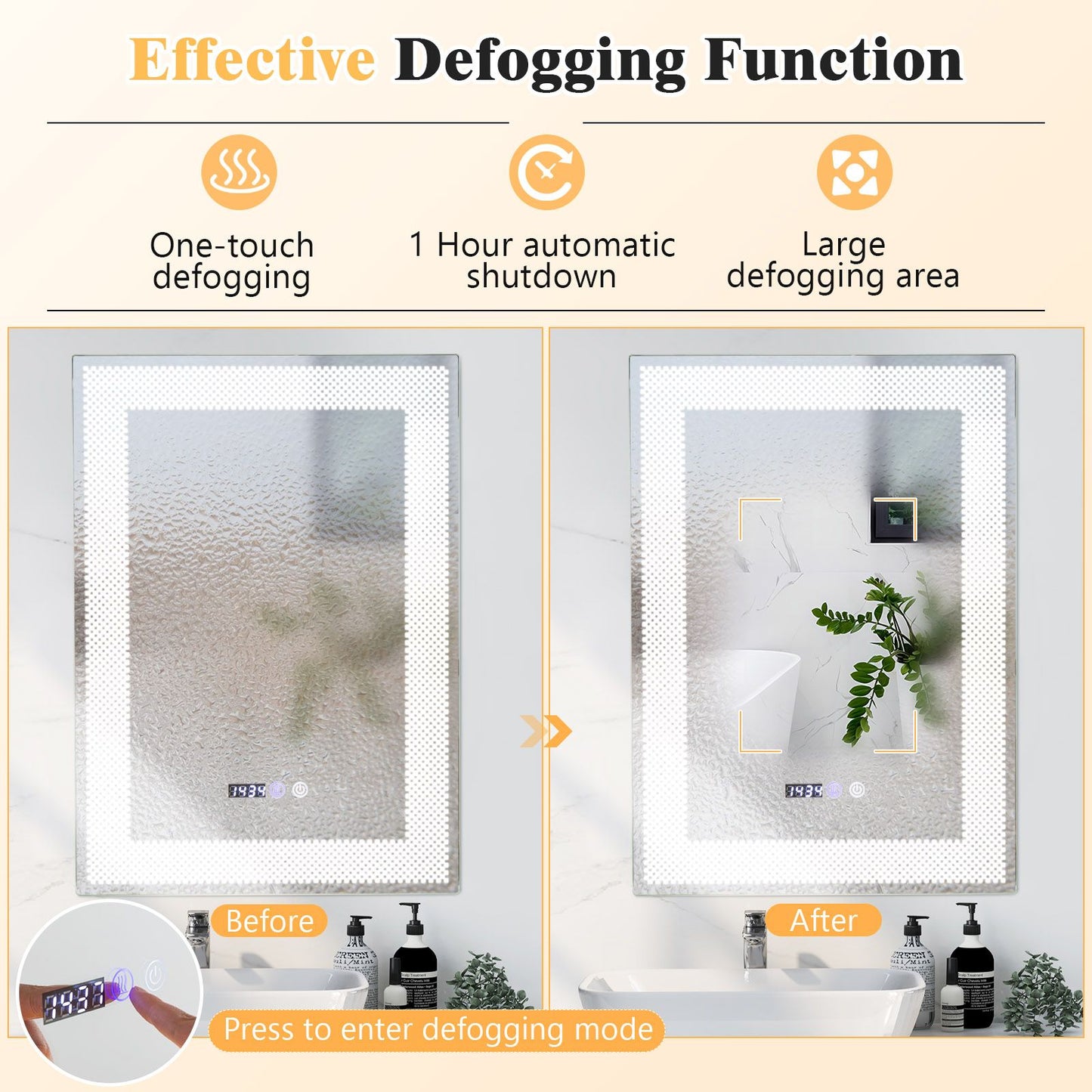 LED Wall Mounted Anti-Fog HD Vanity Mirror with 3 Color Adjustable Lights