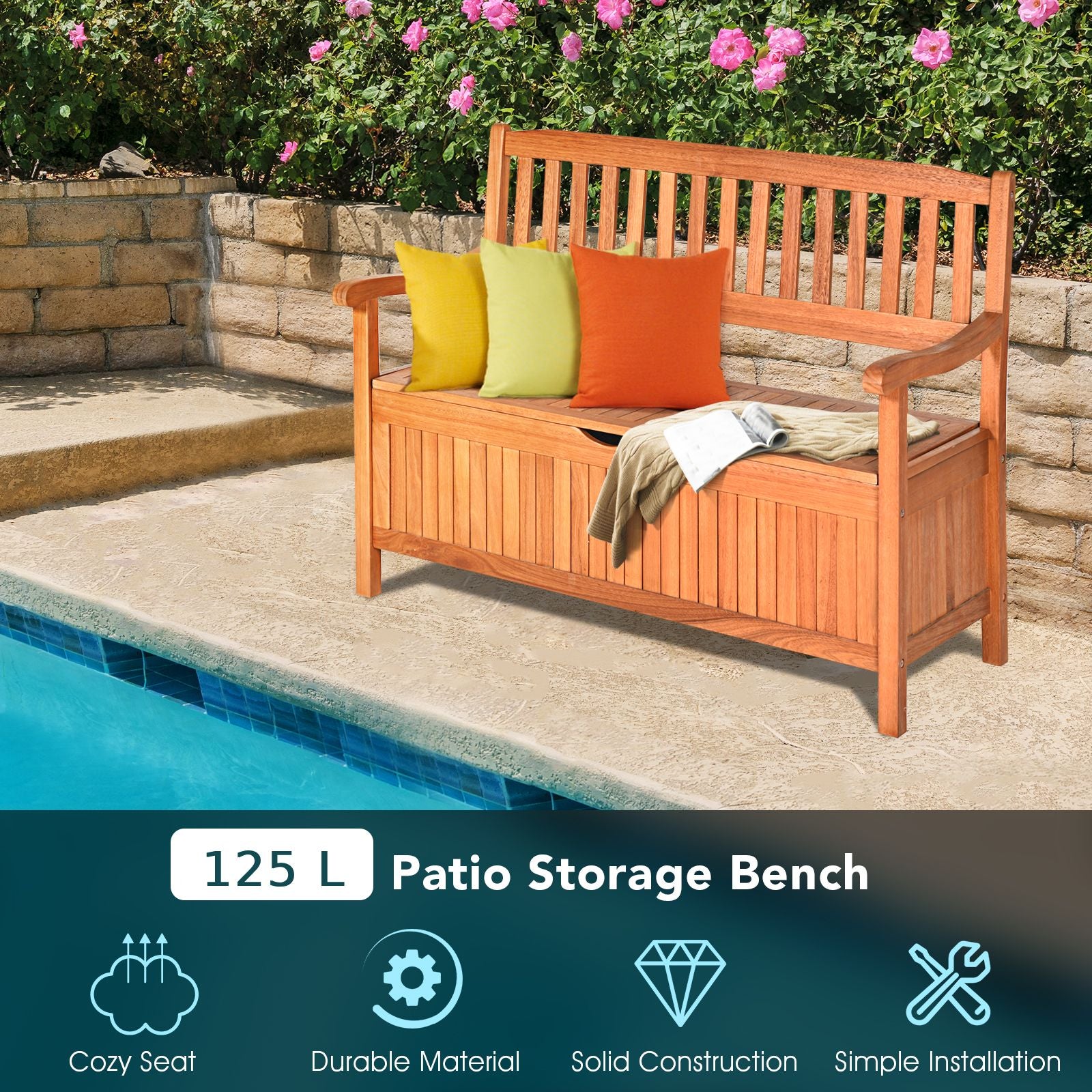 Multifunctional Patio Storage Bench 125L Eucalyptus Storage Seat