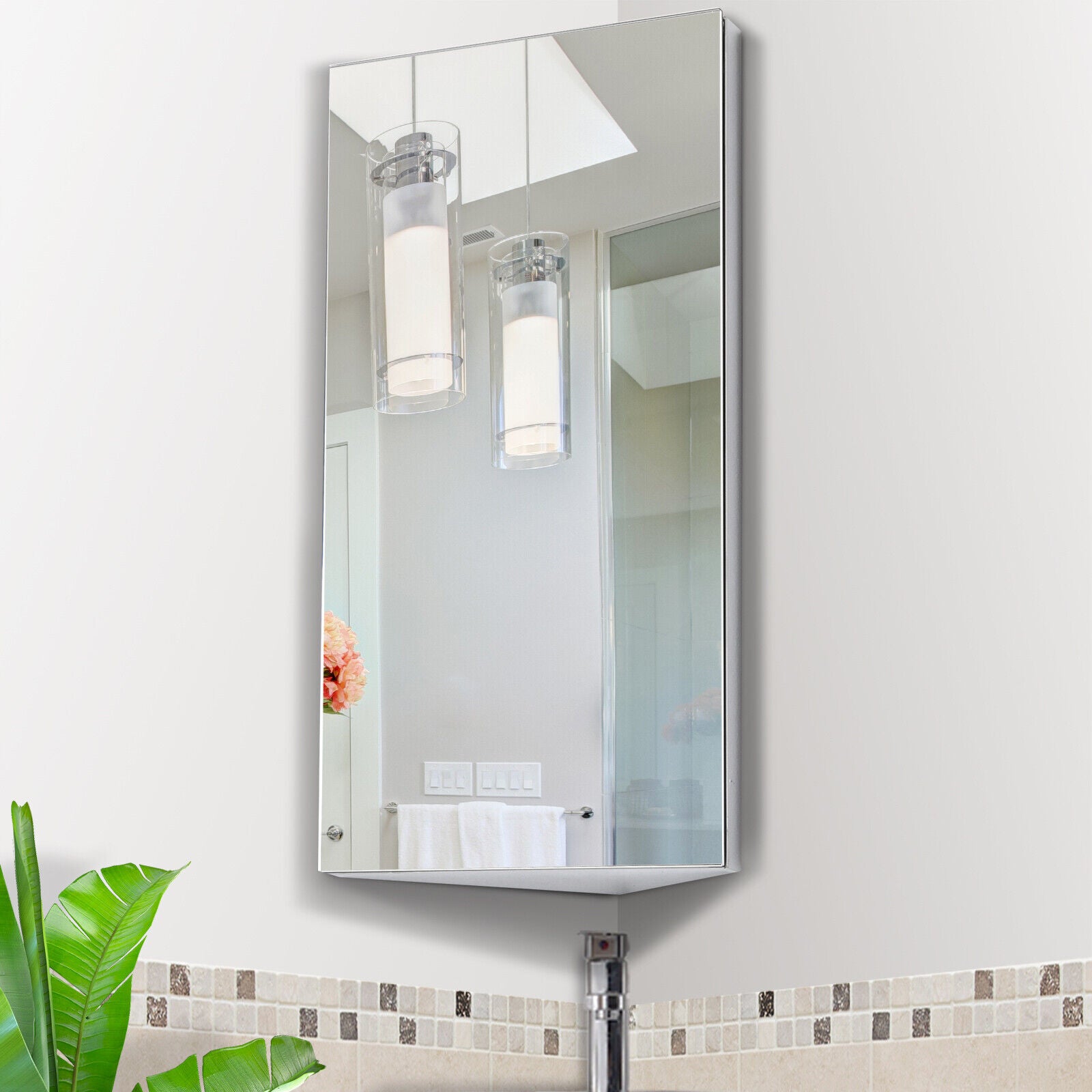 HOMCOM Bathroom Corner Wall Mirror Storage Cabinet Cupboard Stainless Steel