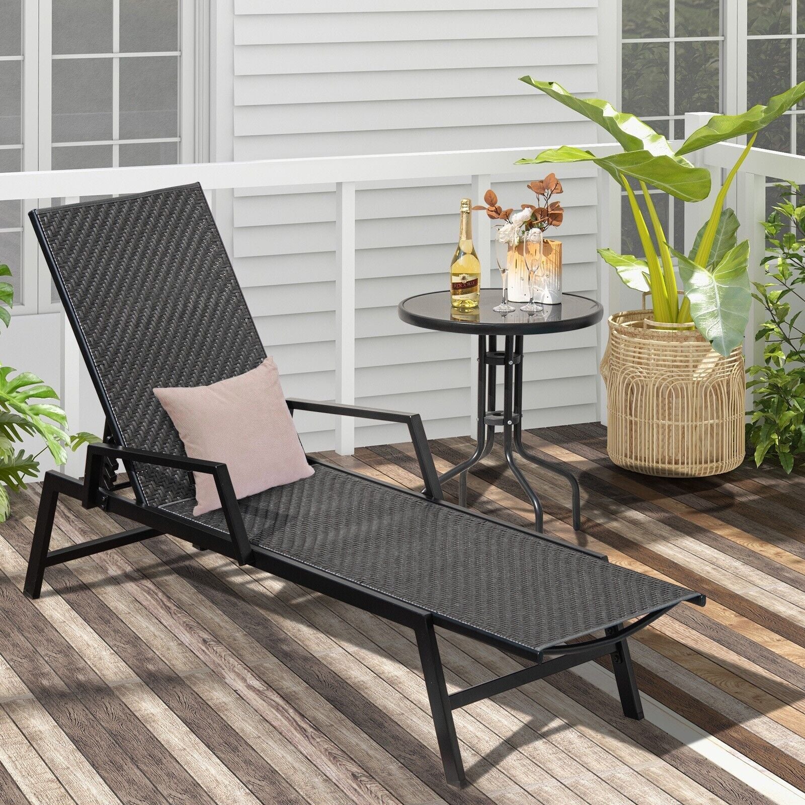 COSTWAY Wicker Outdoor Chaise Lounge Adjustable Rattan Garden Lounge Chair