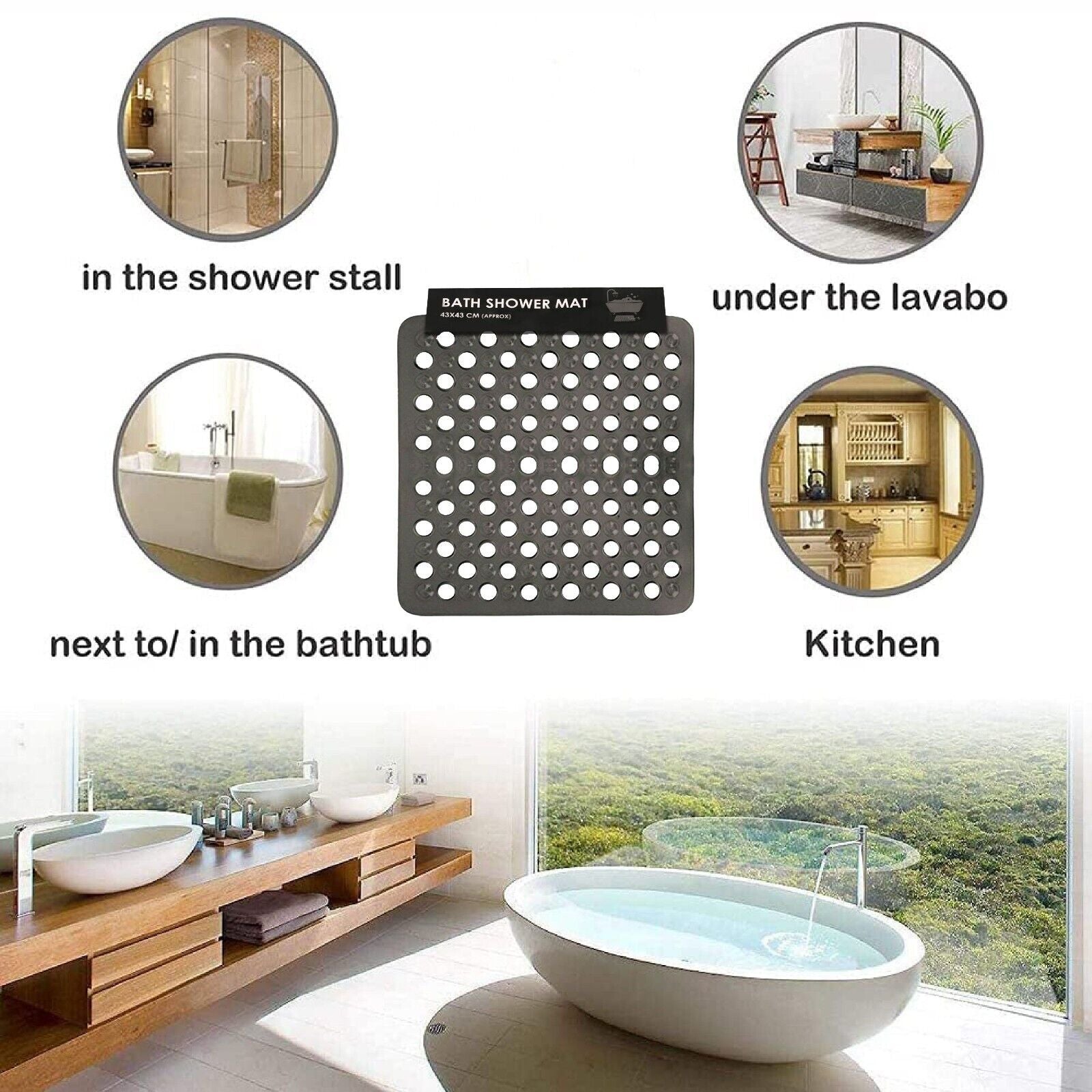 BATH SHOWER MAT NON SLIP PVC BATHROOM RUBBER MATS anti SLIP SUCTION 43 X 43 Cm