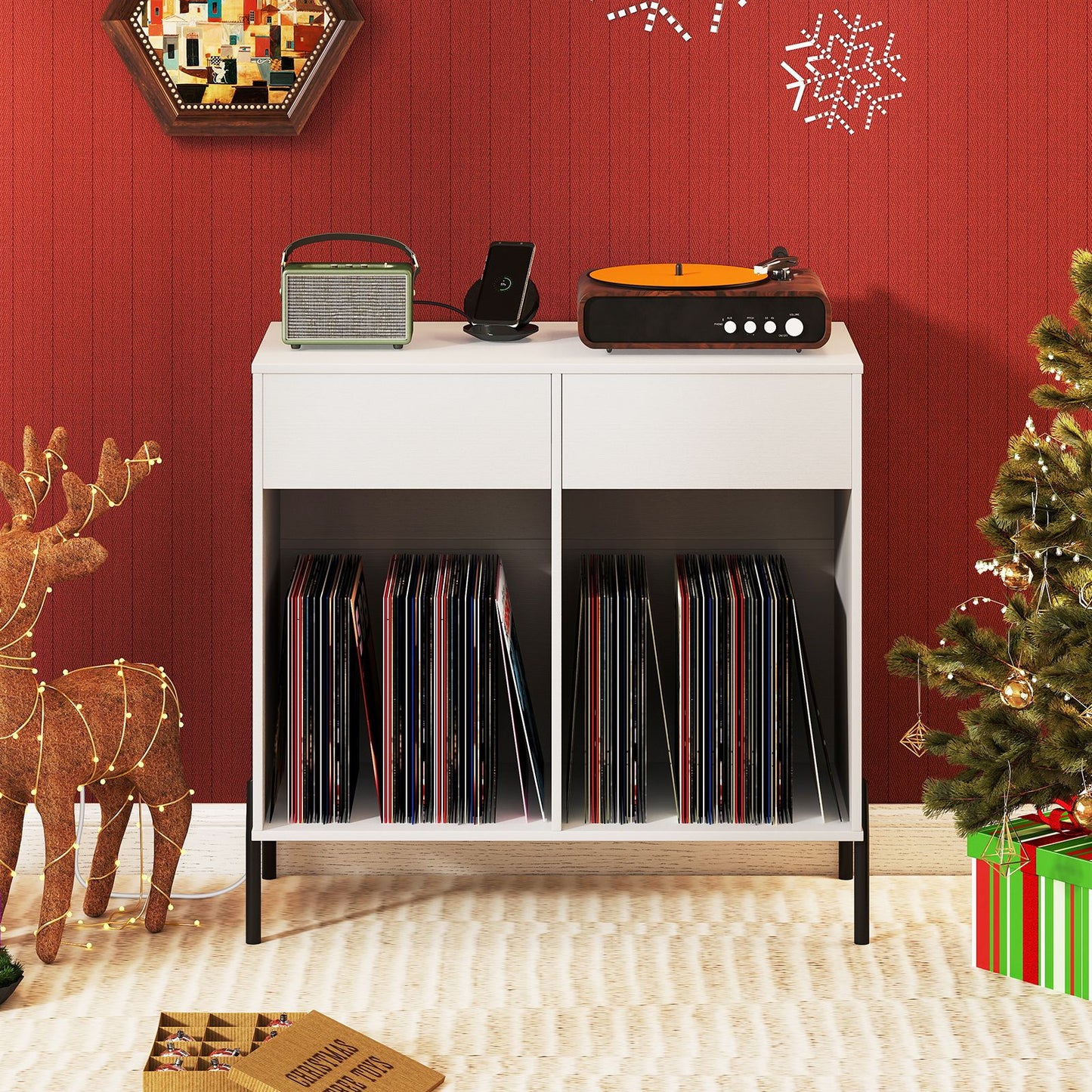 Record Player Stand with Power Outlets and Drawers for Living Room