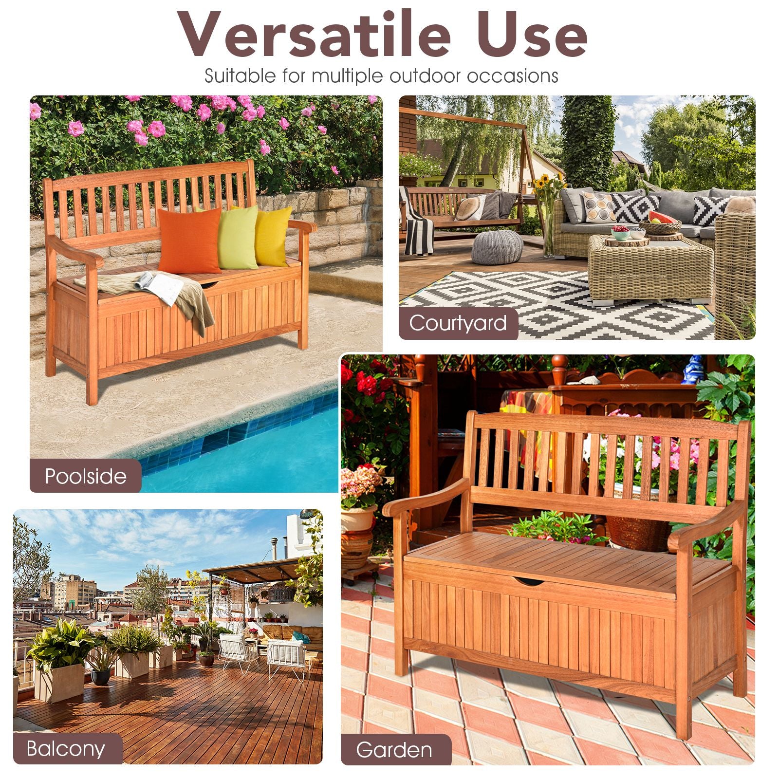Multifunctional Patio Storage Bench 125L Eucalyptus Storage Seat